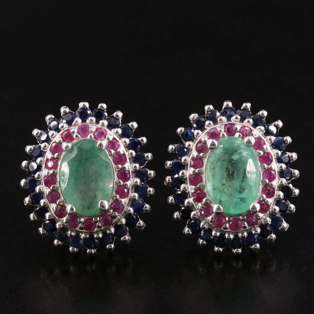 Sterling Emerald, Ruby, and Sapphire Double Halo Earrings