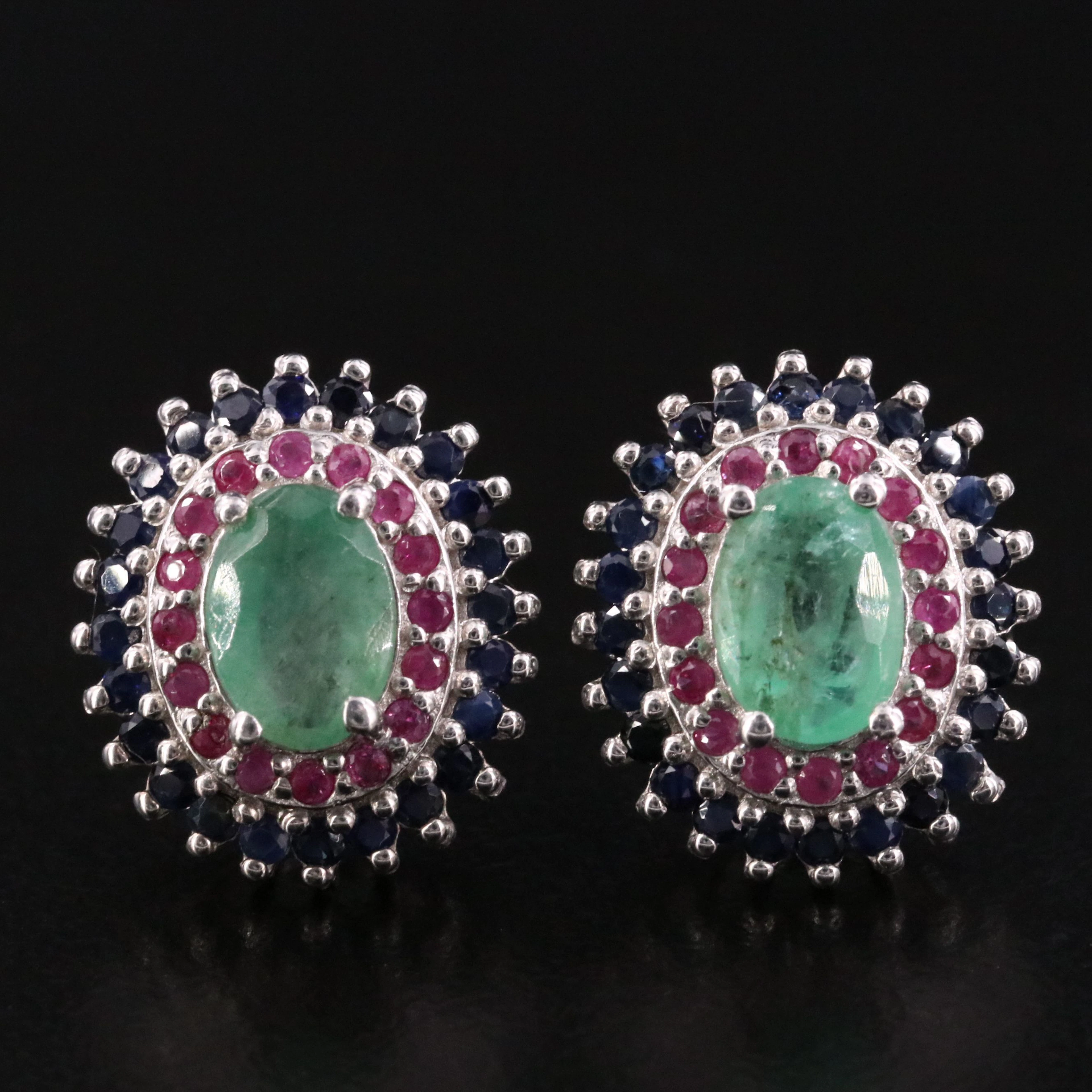 Sterling Emerald, Ruby, and Sapphire Double Halo Earrings