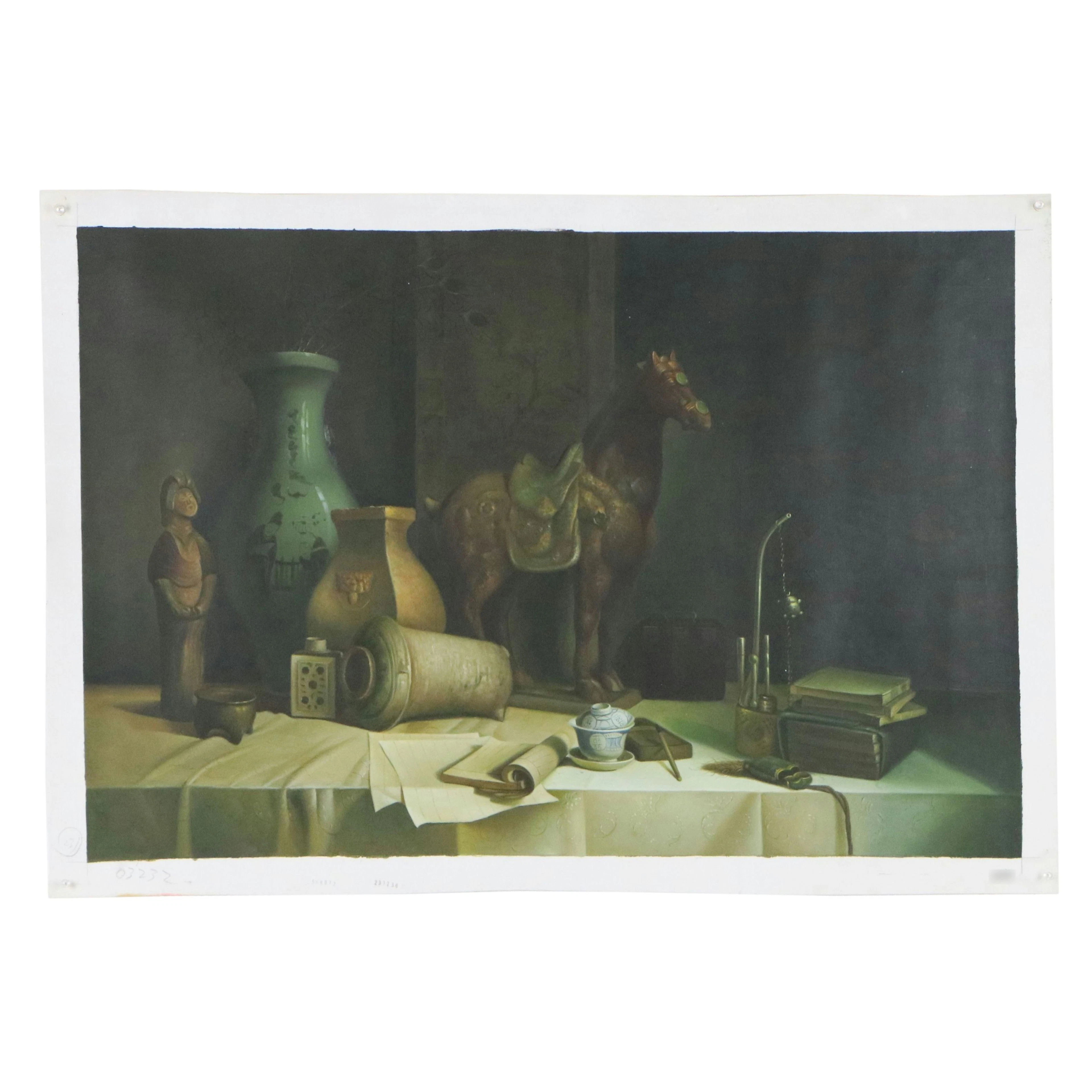 Chinese Style Still Life Oil Painting with Tang Horse Figurine, 21st Century