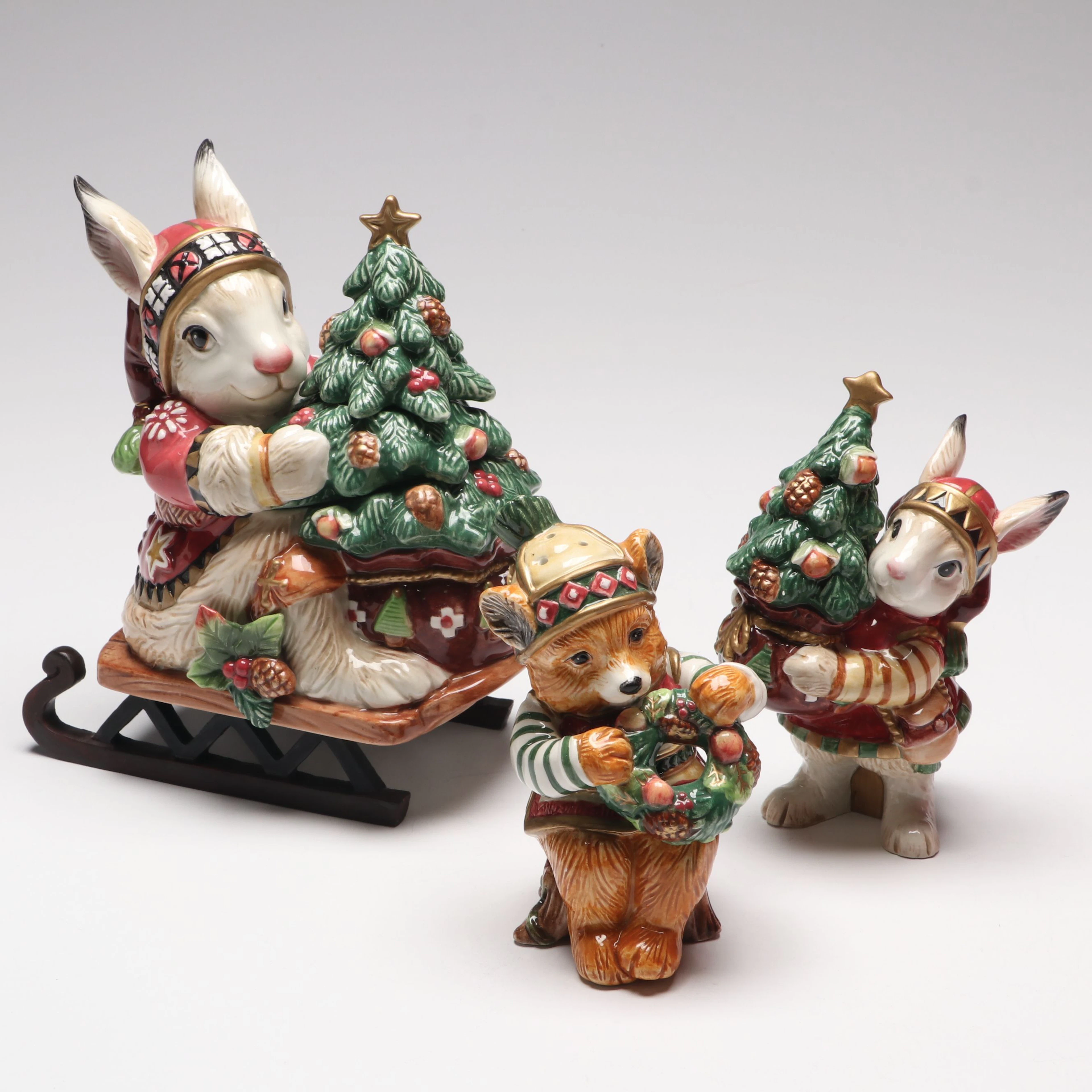 Fitz & Floyd "Christmas Lodge" Ceramic Box and Shakers