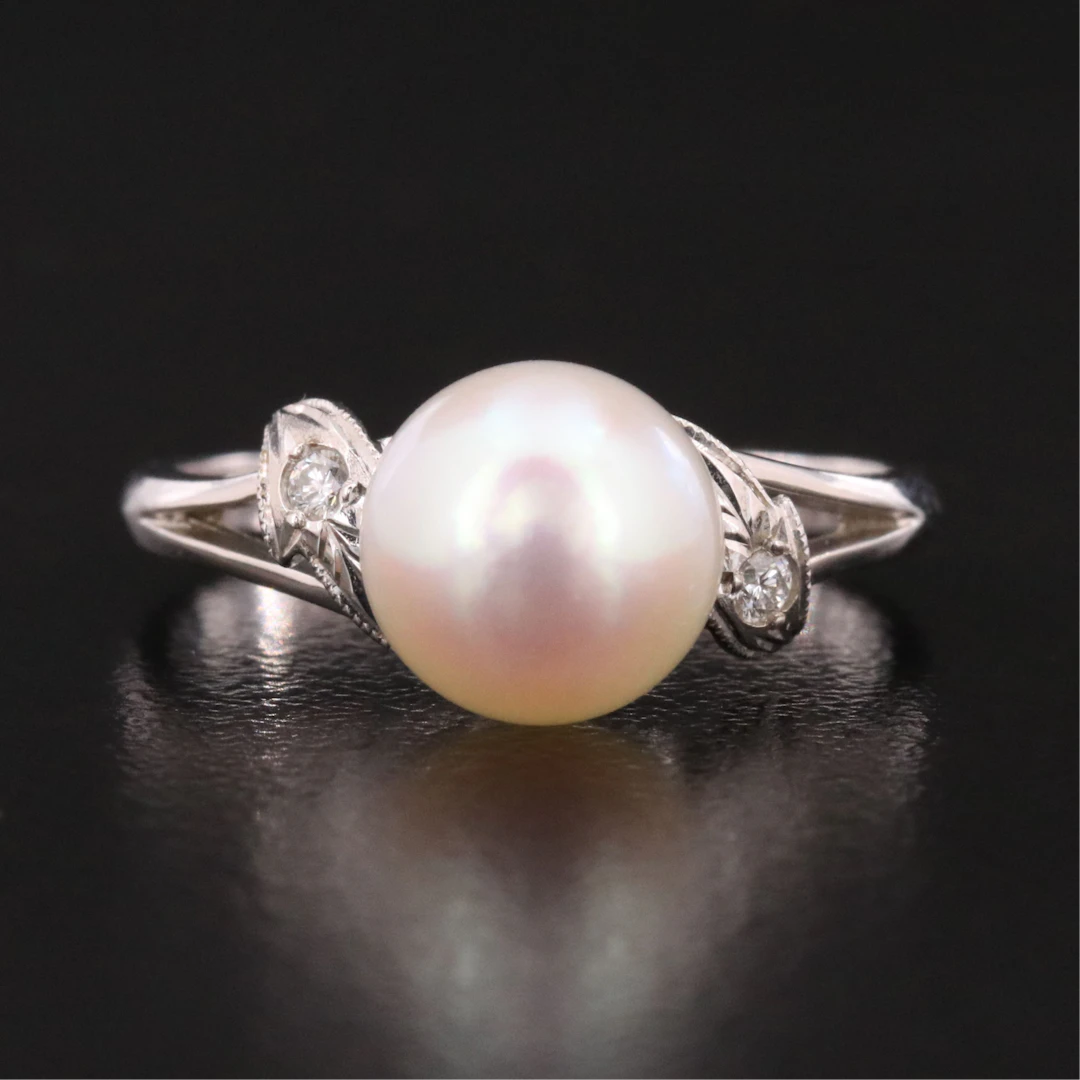 Mikimoto 18K Pearl and Diamond Ring with Foliate Accents