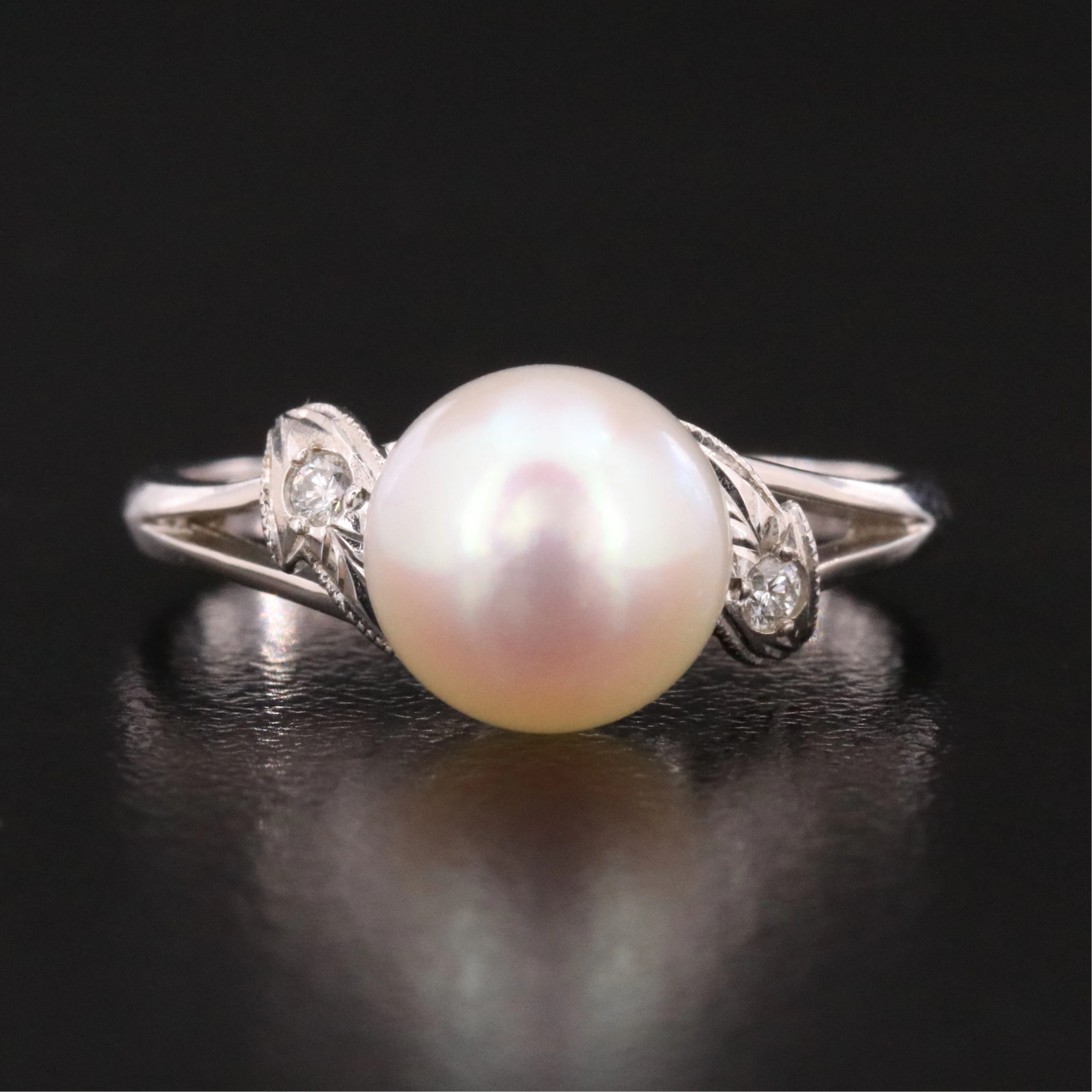 Mikimoto 18K Pearl and Diamond Ring with Foliate Accents