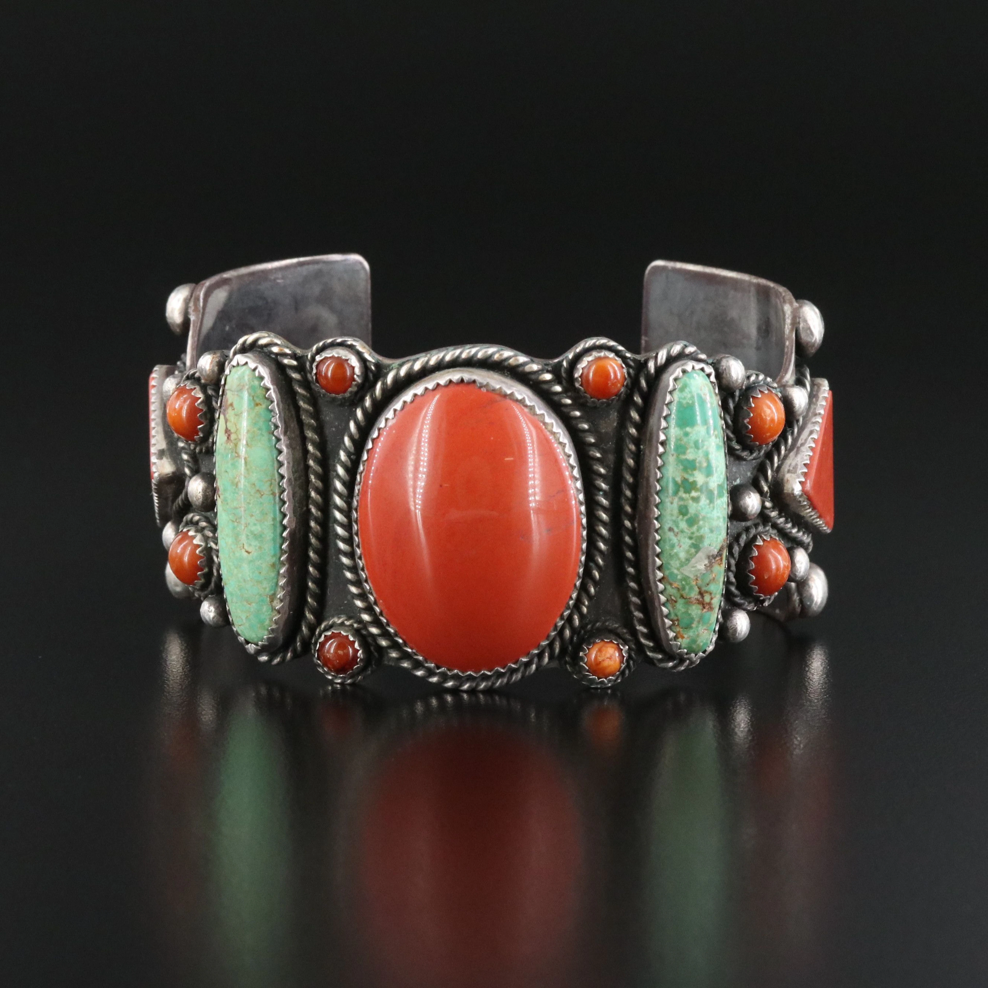 Southwestern Sterling Turquoise, Jasper and Amber Cuff Bracelet