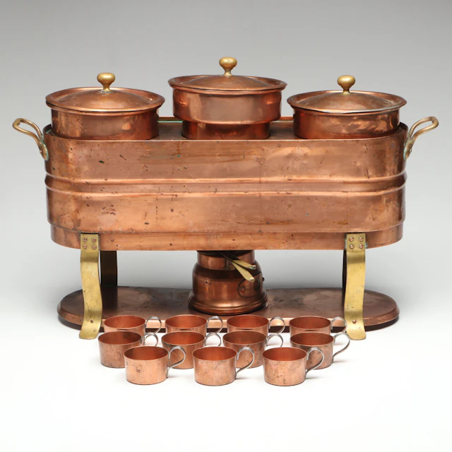 Copper Three-Pot Chafing Dish Server with Copper Cups