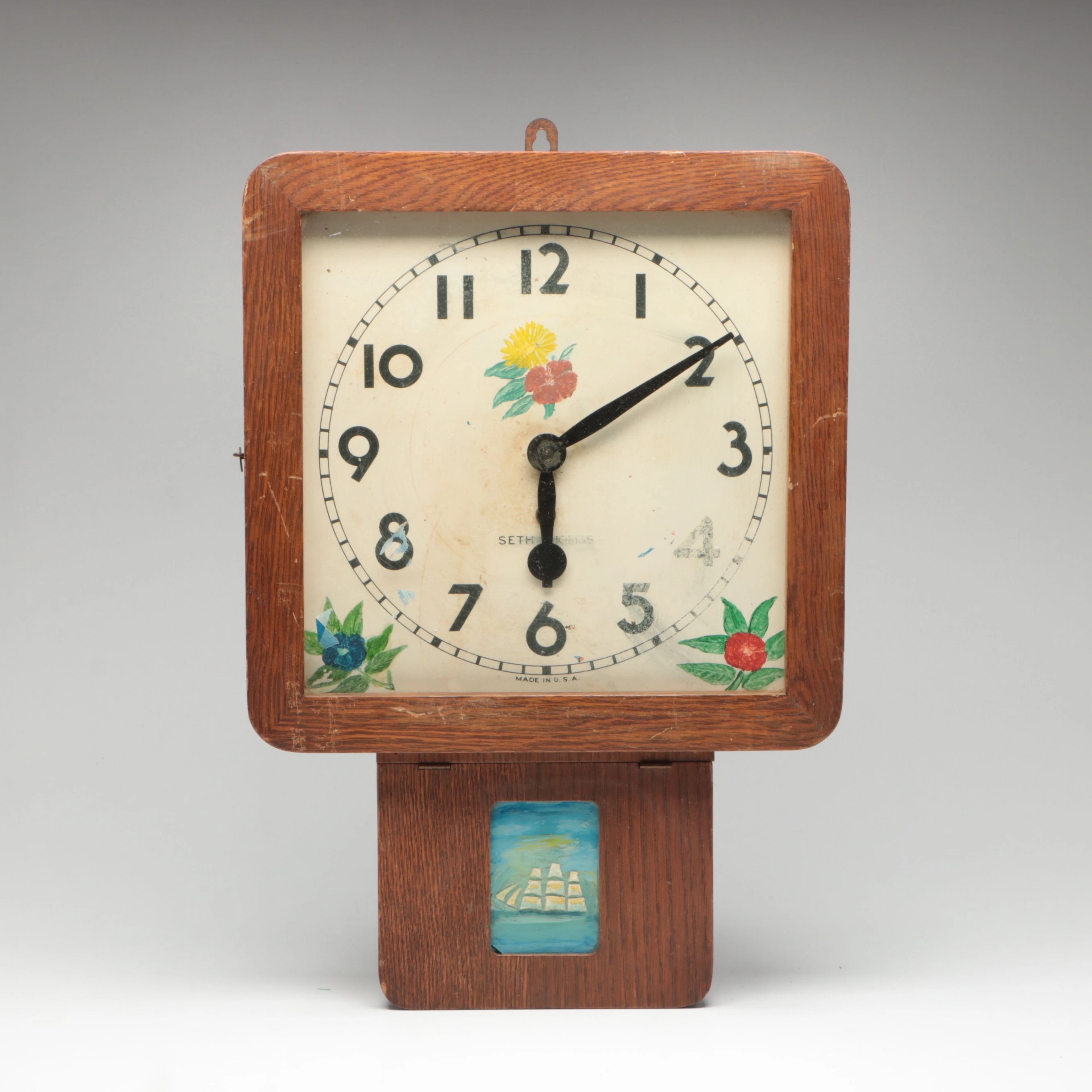 Seth Thomas Wooden Wall Clock with Hand-Painted Elements, 20th Century