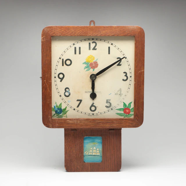 Seth Thomas Wooden Wall Clock with Hand-Painted Elements, 20th Century