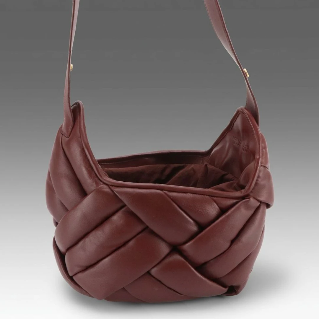 Bottega Veneta Burgundy Intreccio Lambskin Leather Helmet Drawstring Bag