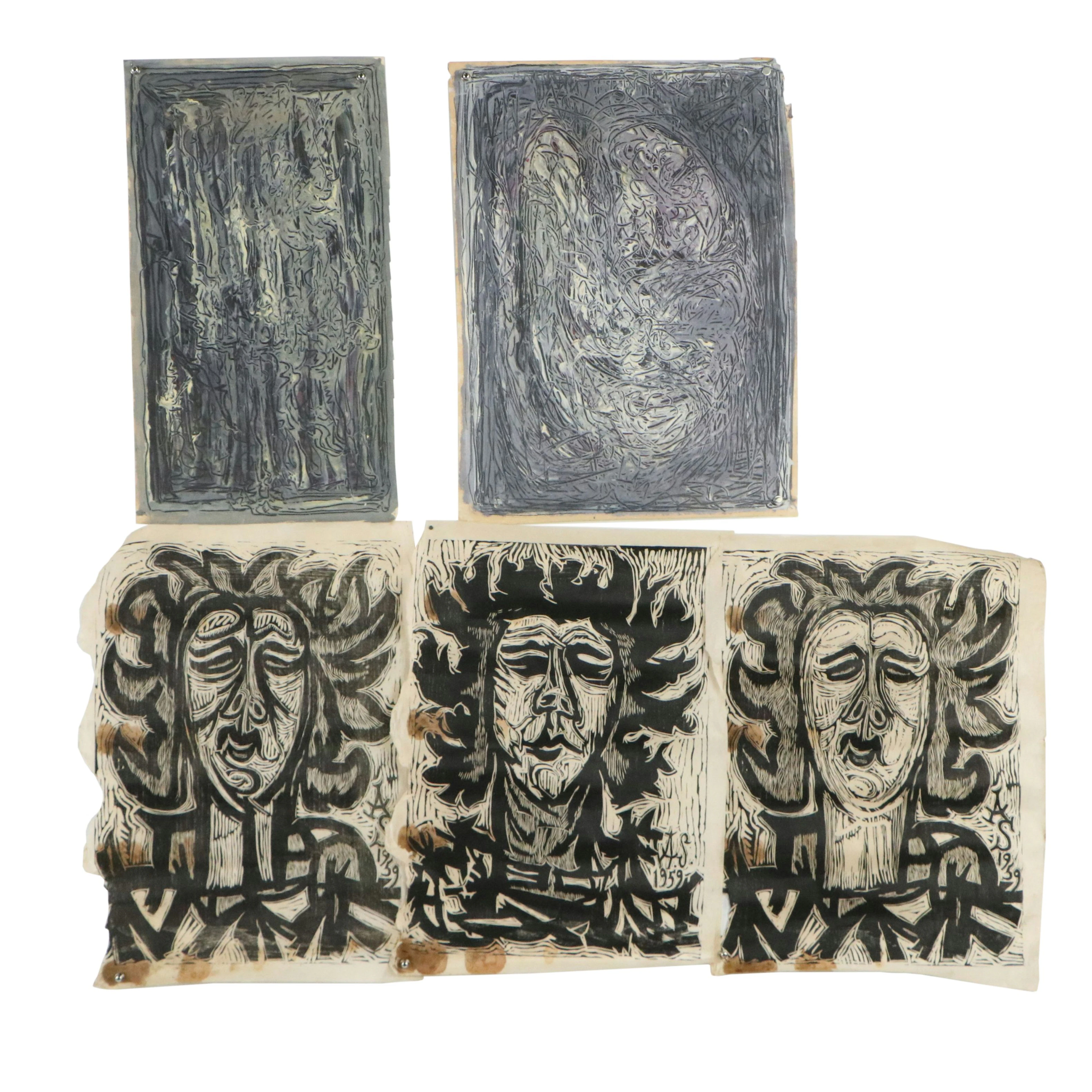 Achi Sullo Woodcuts and Paintings on Paper, Mid to Late 20th Century