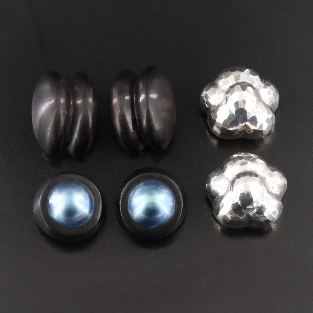 Patricia Von Musulin Sterling Ebony Wood, Mabé Pearl and Faceted Earrings