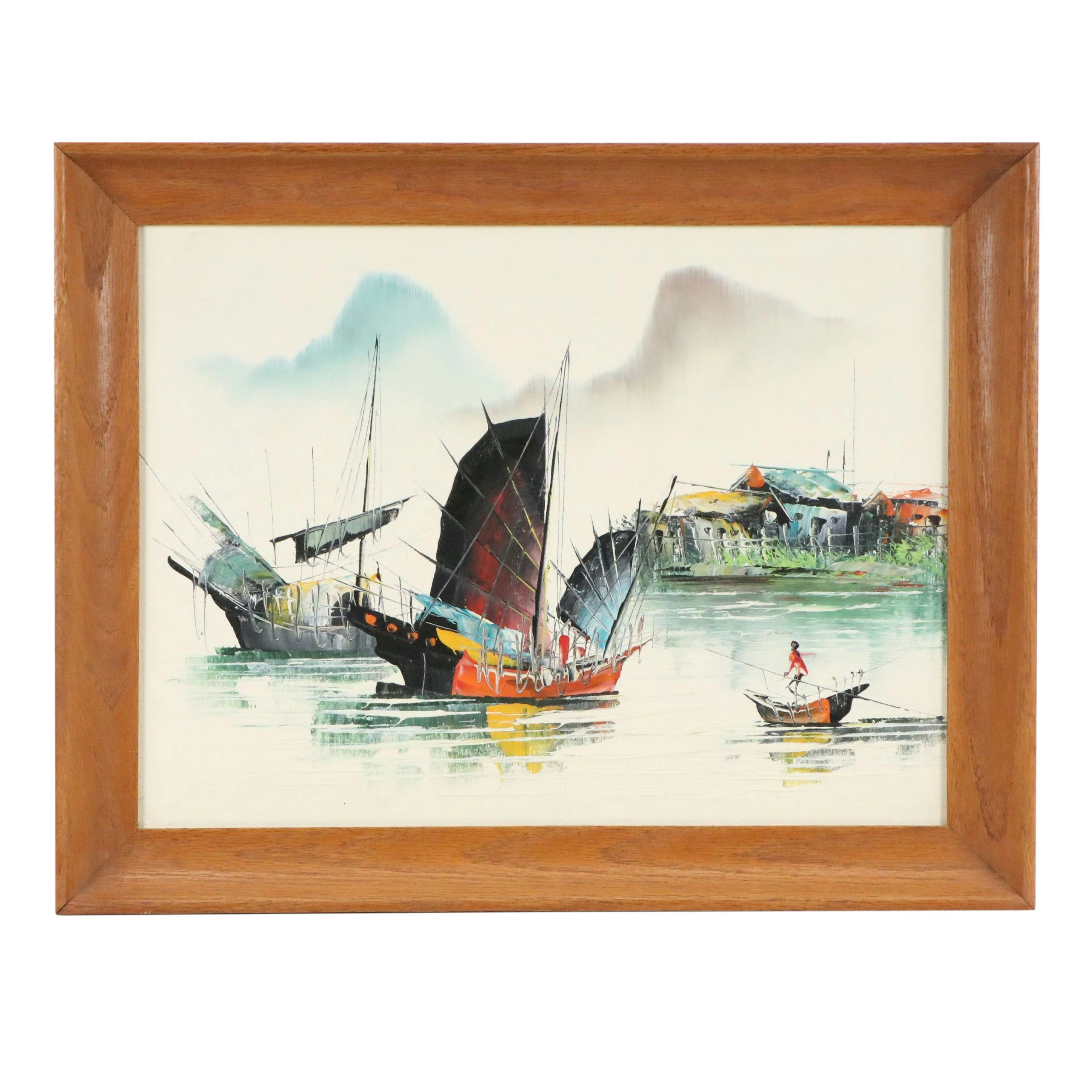 Impressionistic Oil Painting of Chinese Junk Boats in Harbor, 20th Century