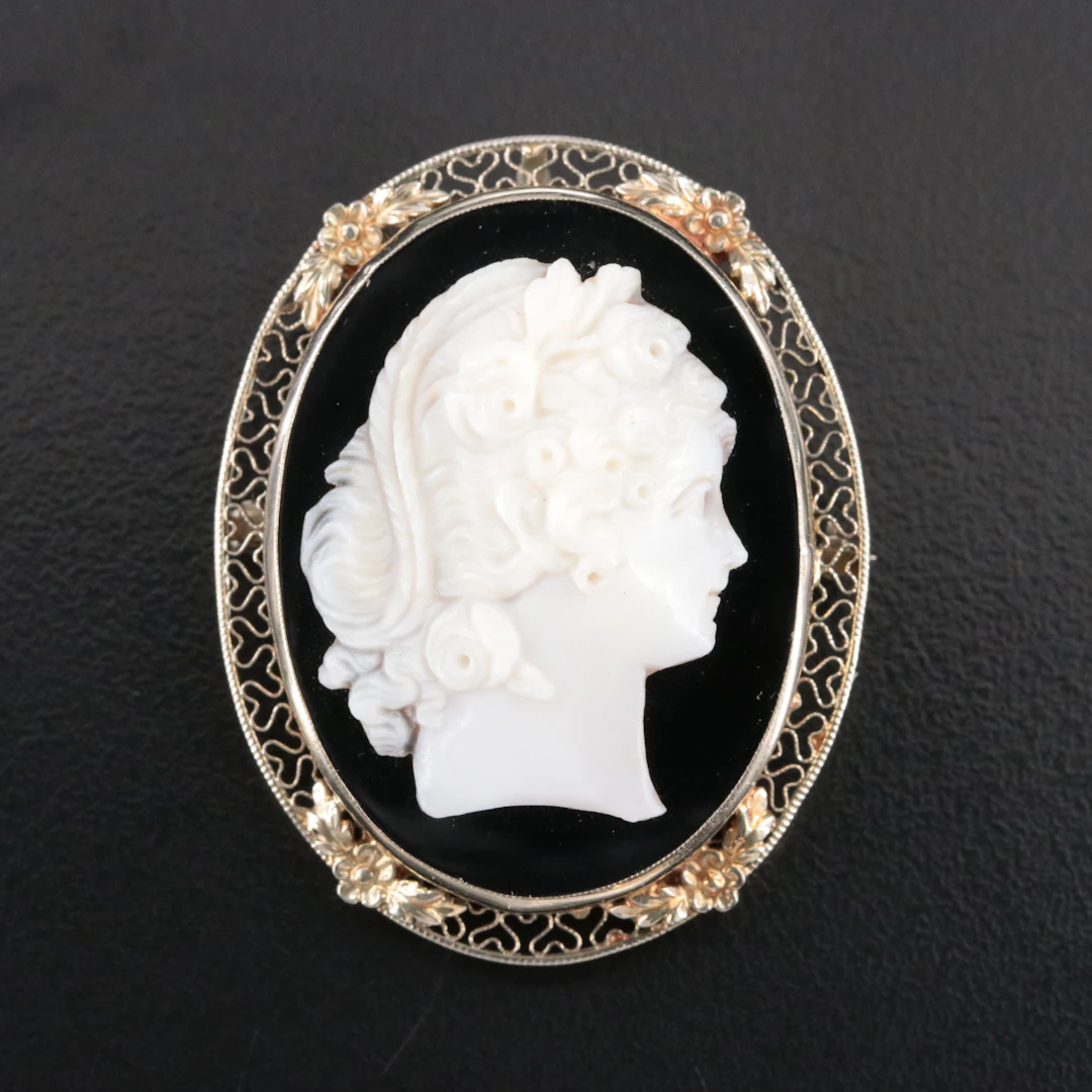 Greco-Roman Revival 14K Black Onyx and Shell Cameo Converter Brooch