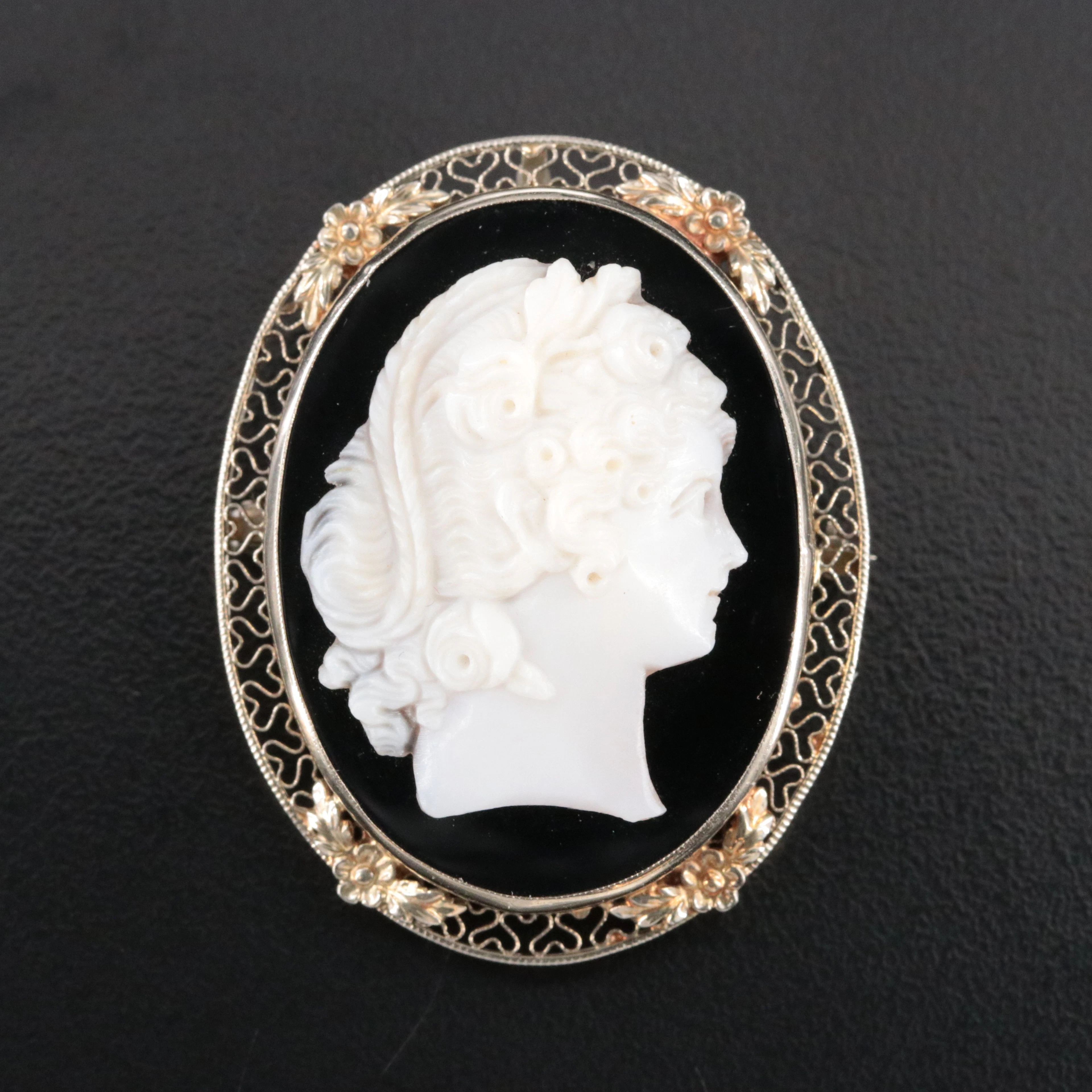 Greco-Roman Revival 14K Black Onyx and Shell Cameo Converter Brooch