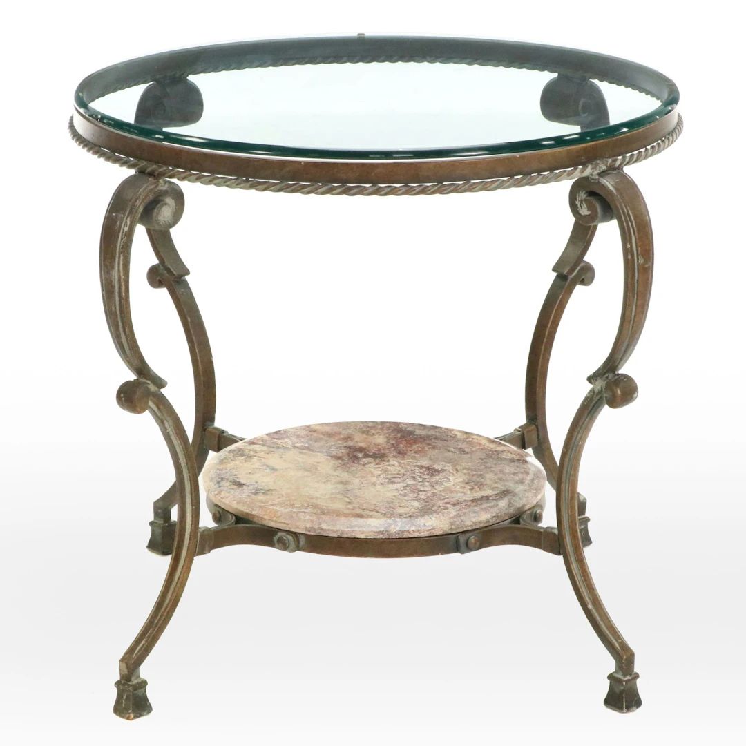 Neoclassical Style Glass Top Metal and Marble End Table