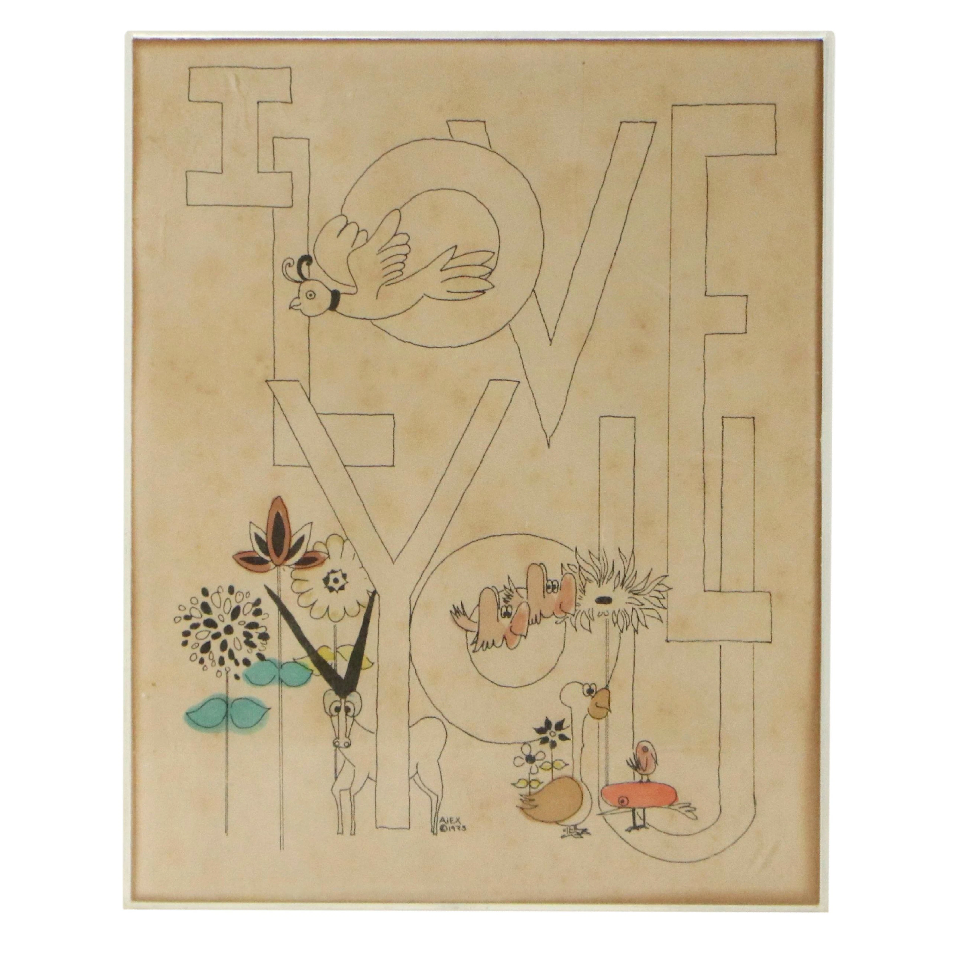 Naïve Doodle Color Lithographic Print "I Love You," 1973