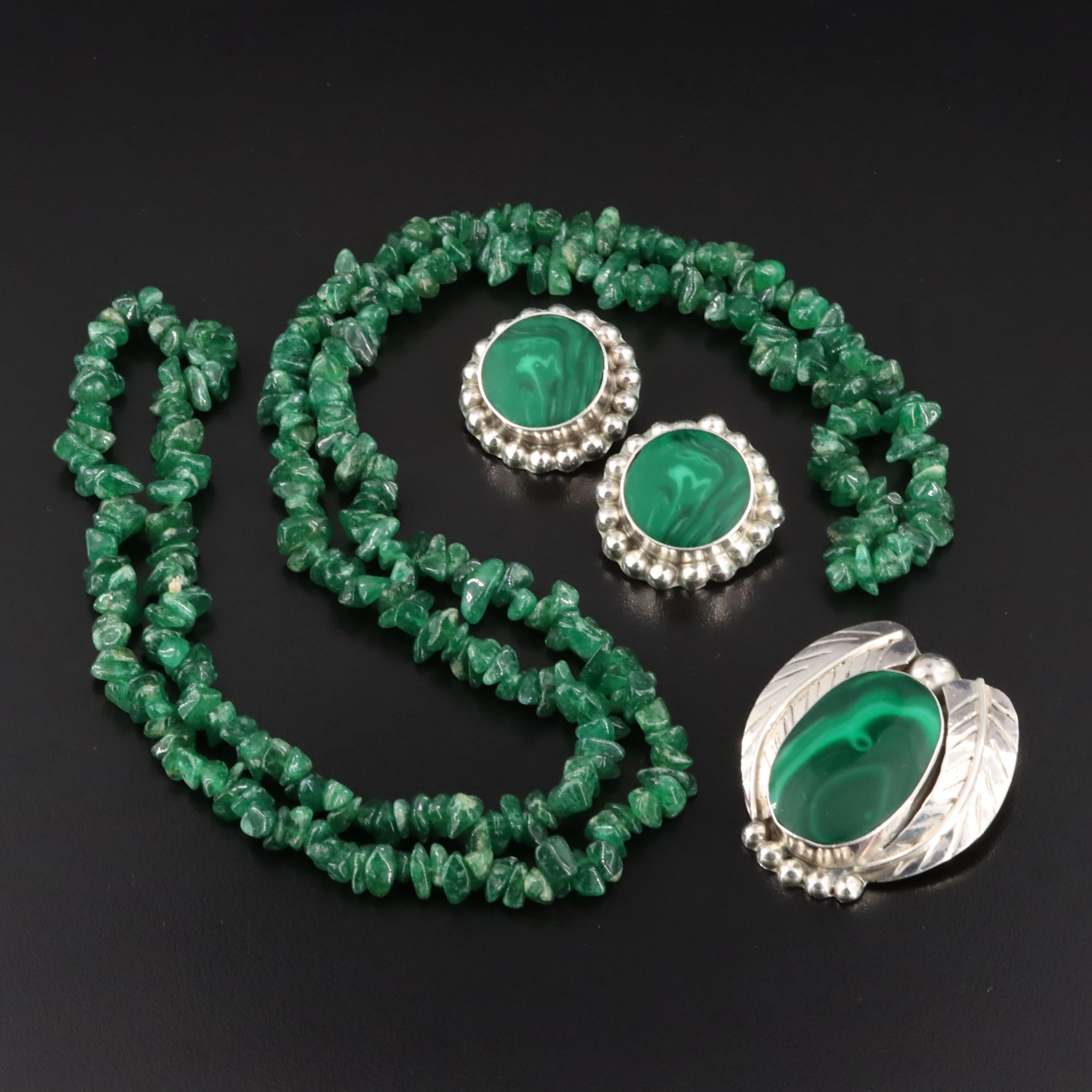 Mexican Sterling Malachite Earrings & Brooch with Green Quartz Necklace