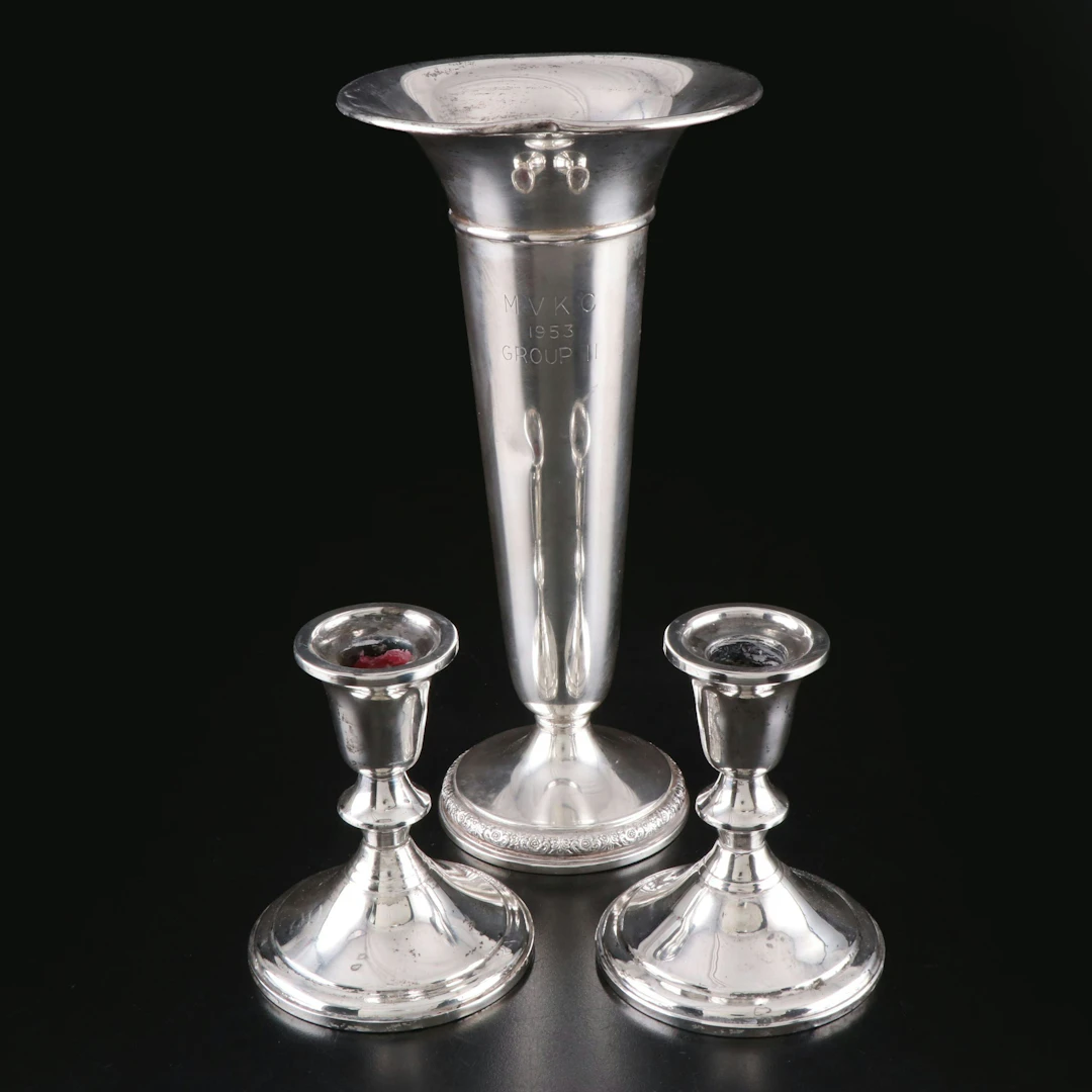Prelude Sterling Silver Weighted Vase with Sterling Silver Candle Holders
