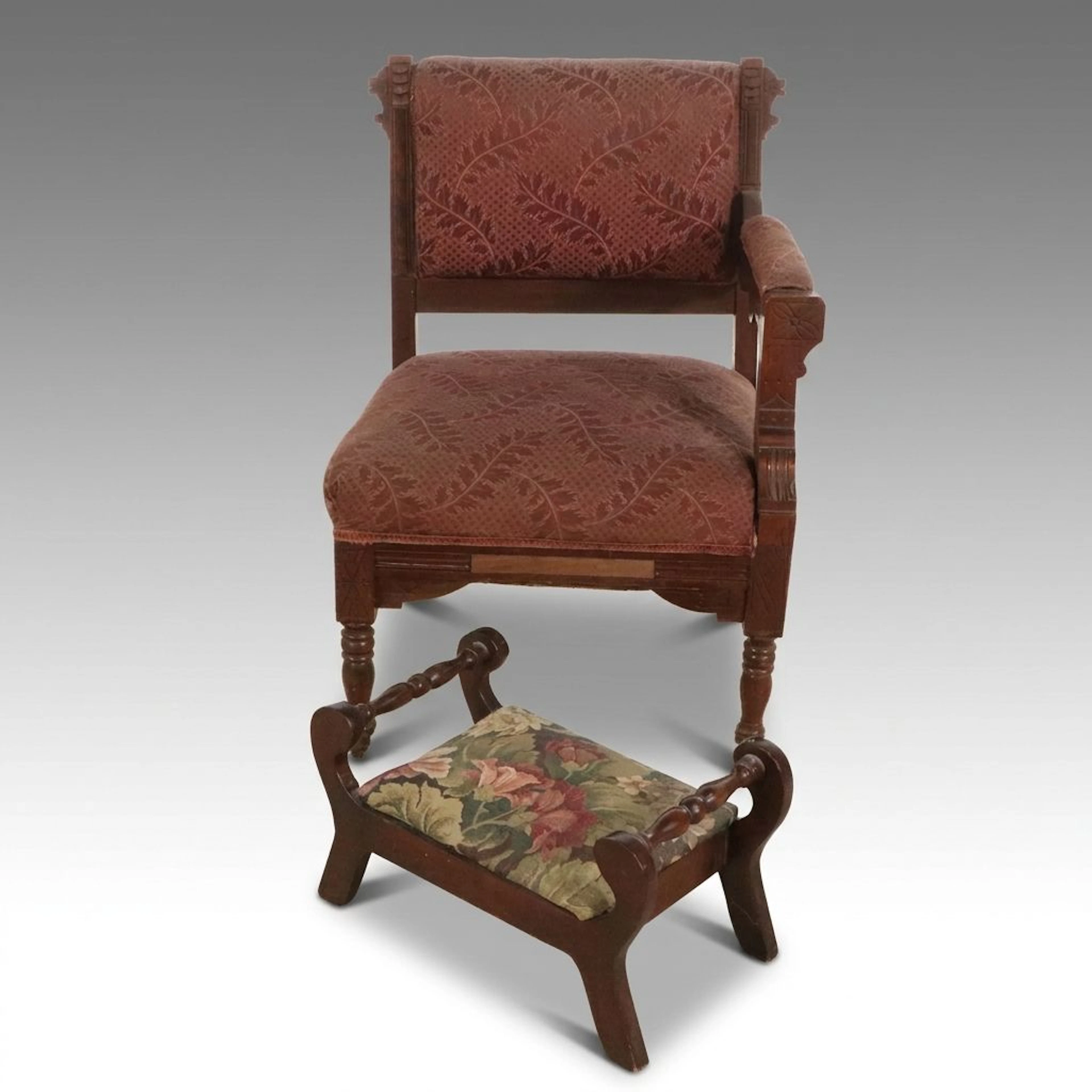 Eastlake Walnut Single-Arm Parlor Chair with Footstool