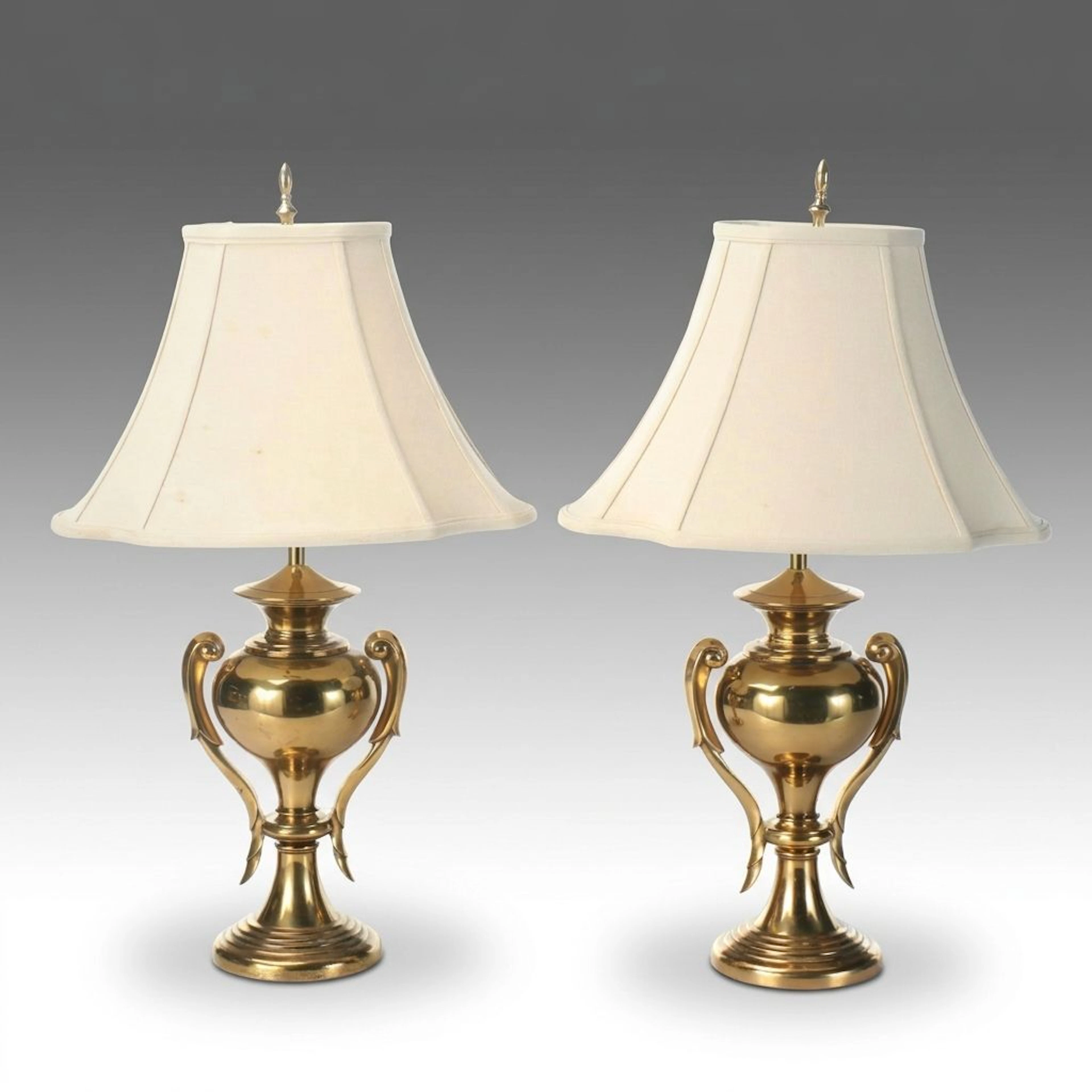 Hollywood Regency Style Brass Urn Table Lamps with Bell Shades, Vintage