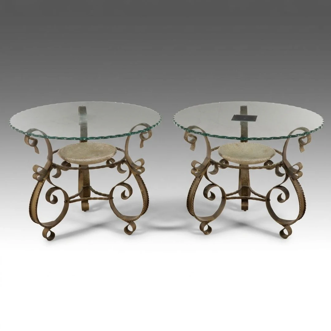 Pair of Mediterranean Style Gilt Metal, Faux Stone, and Glass Top Side Tables