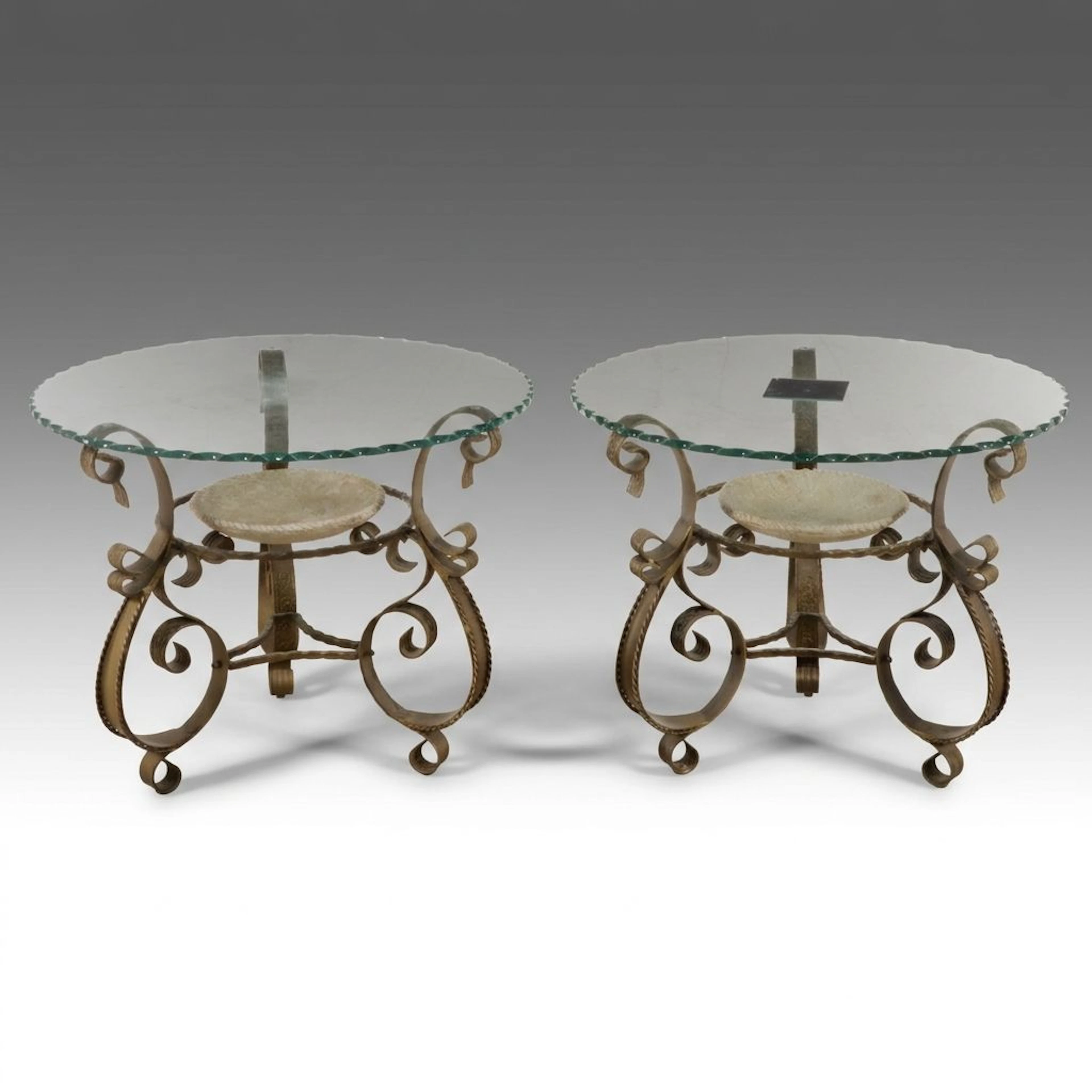 Pair of Mediterranean Style Gilt Metal, Faux Stone, and Glass Top Side Tables