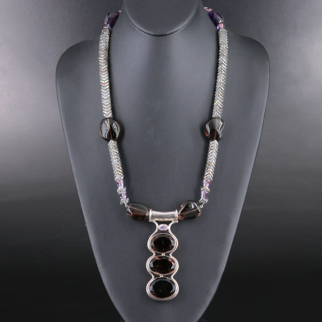 Sterling Smoky Quartz and Amethyst Necklace