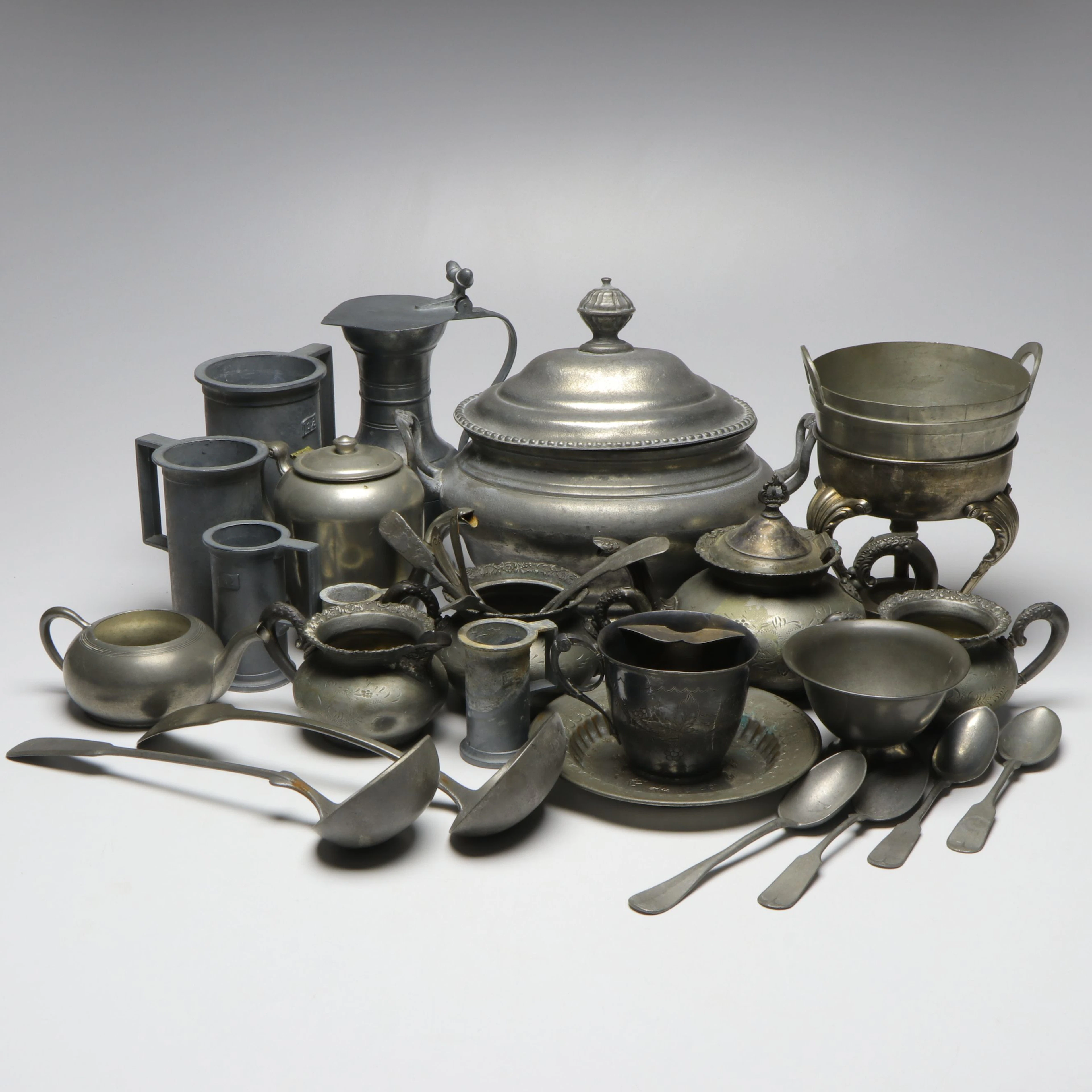 Victorian Pewter Mustache Cup with Tureen and Other Pewter Tableware