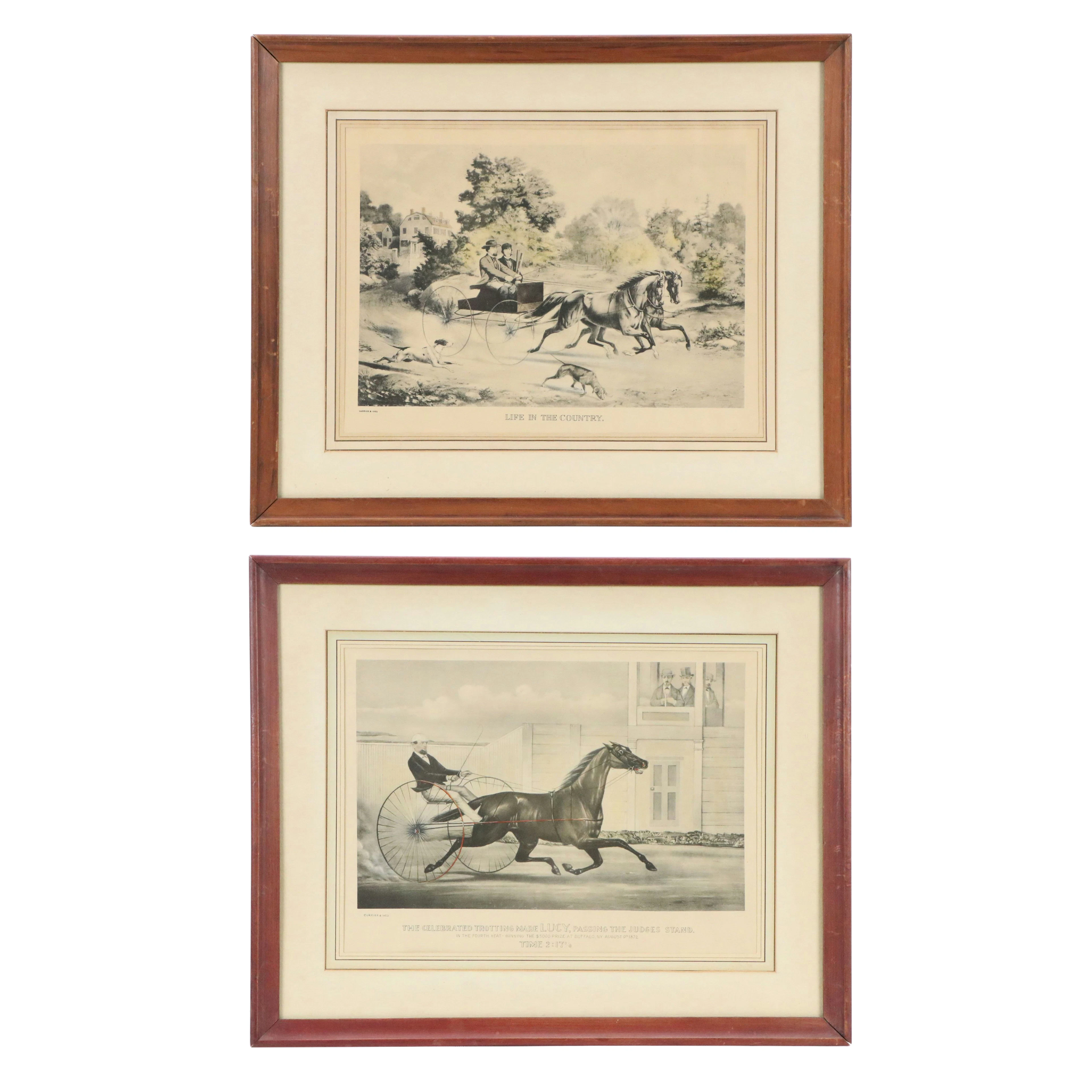 Currier & Ives Hand-Colored Horse Cart Lithographs, Late 19th Century