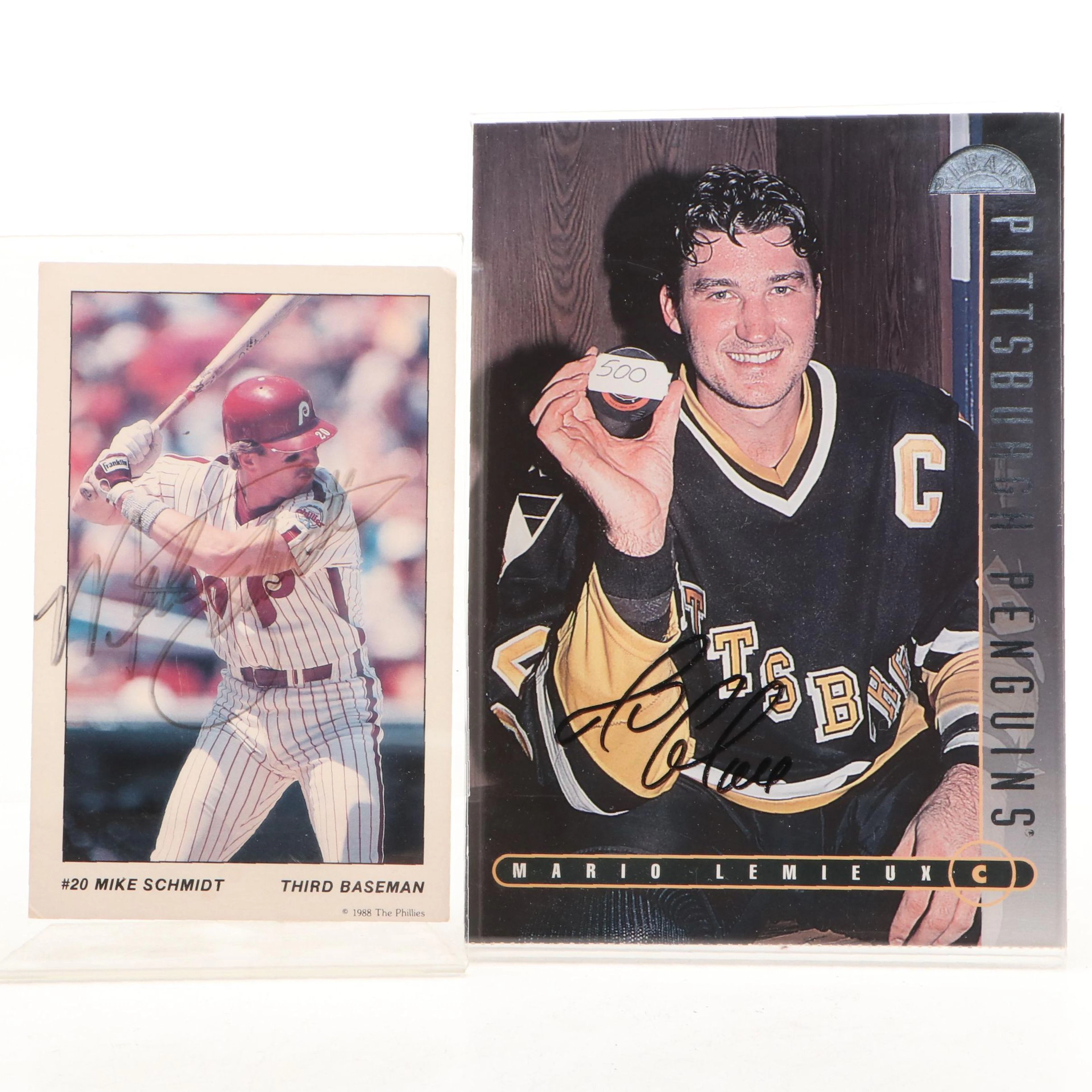 Mike Schmidt Signed Print with Mario Lemieux Signed Oversized Hockey Card