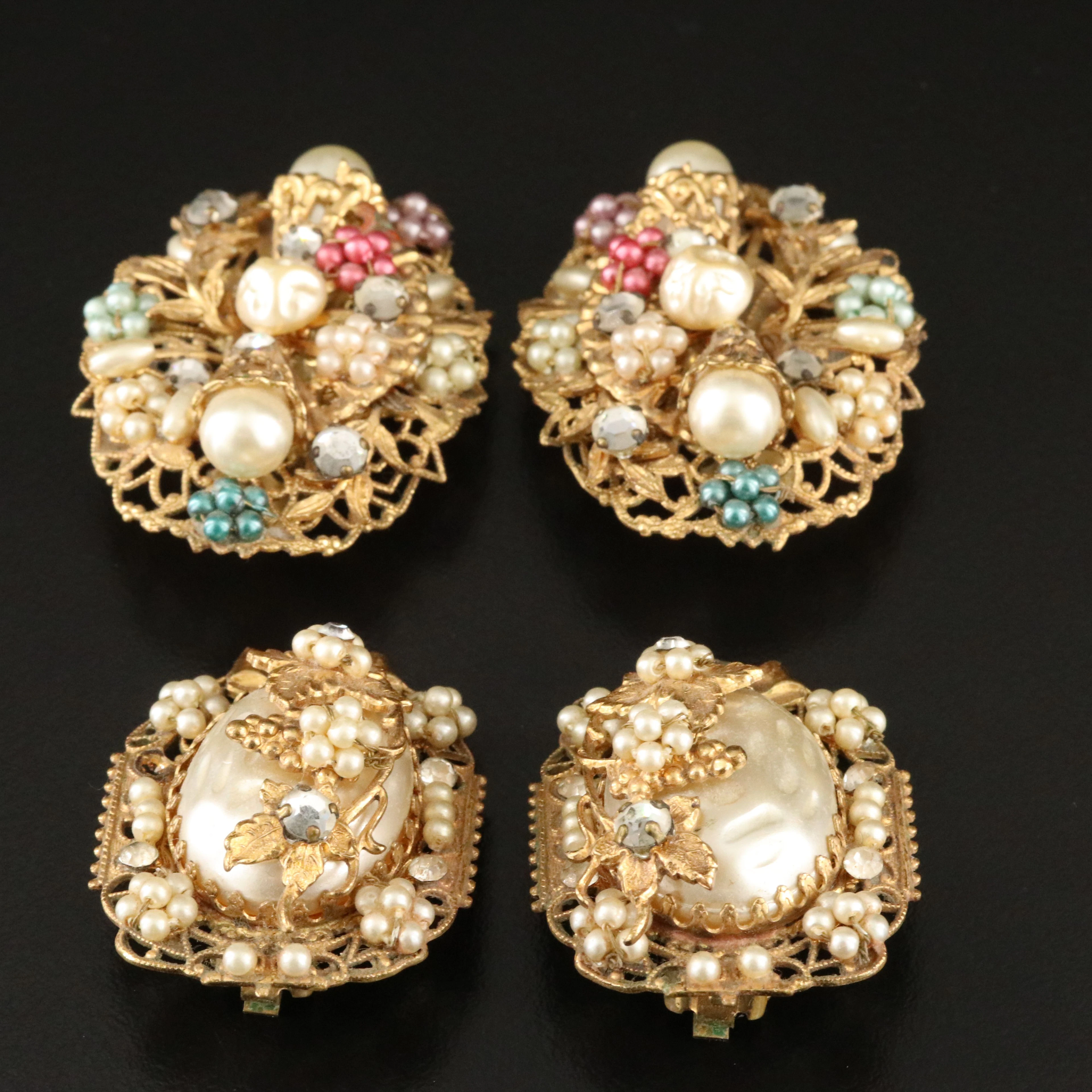 Vintage Floral Faux Pearl and Rhinestone Clip Earrings, c. 1940s
