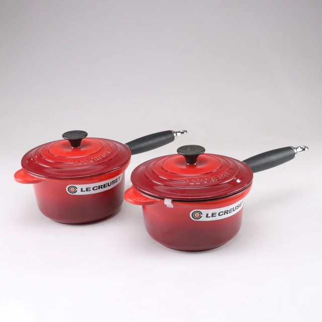 Le Creuset "Cerise" Enameled Cast Iron Lidded Sauce Pans, Pair, 21st Century