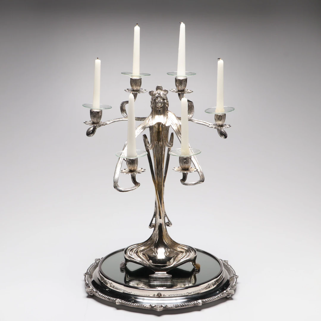 Achille Gamba Art Nouveau Style Figural Pewter Candelabra with Mirrored Tray