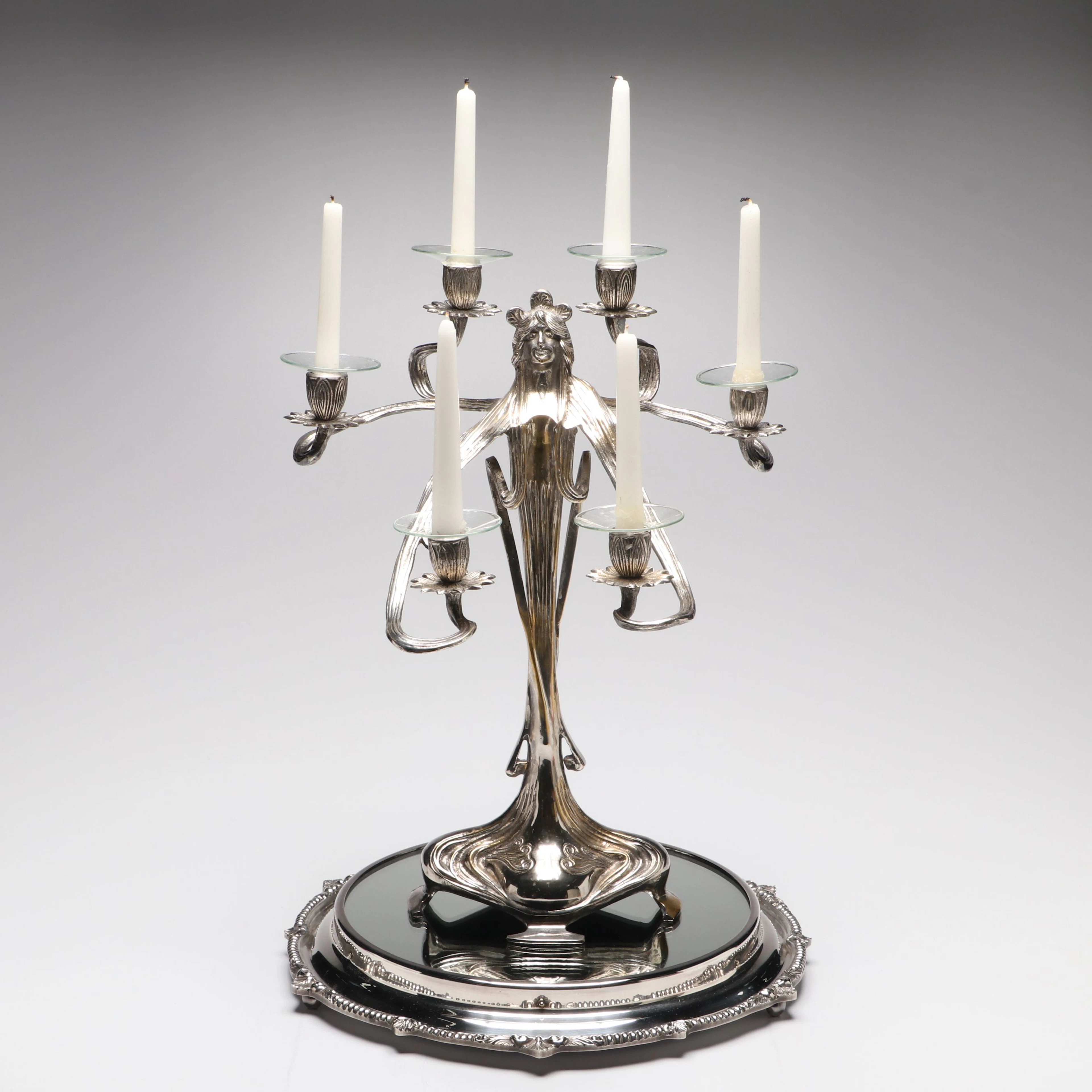 Achille Gamba Art Nouveau Style Figural Pewter Candelabra with Mirrored Tray