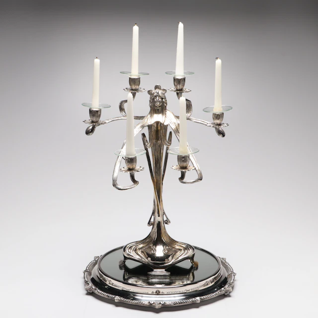 Achille Gamba Art Nouveau Style Figural Pewter Candelabra with Mirrored Tray