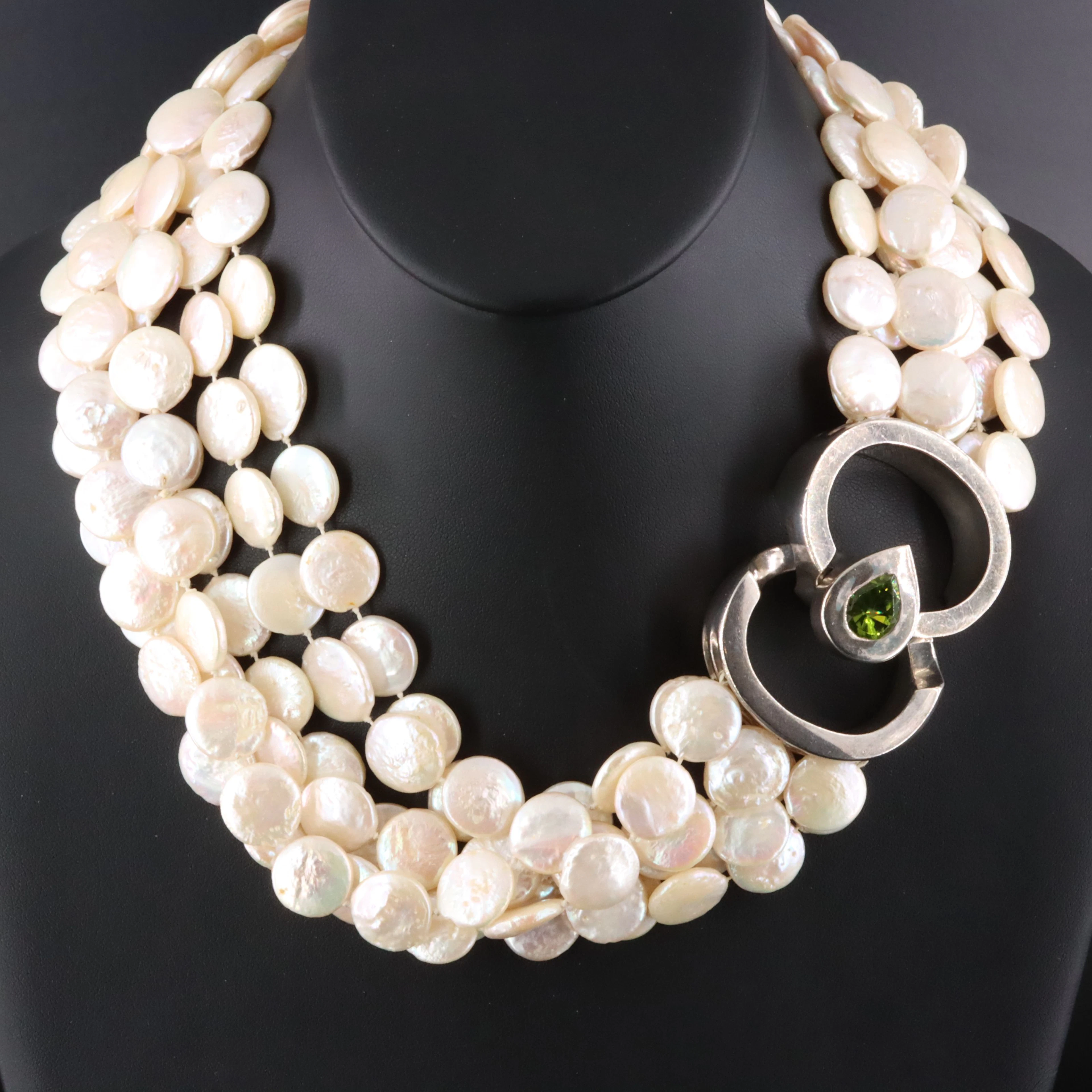 6 Strand Coin Pearl Necklace with Large Sterling Clasp Set with a Peridot