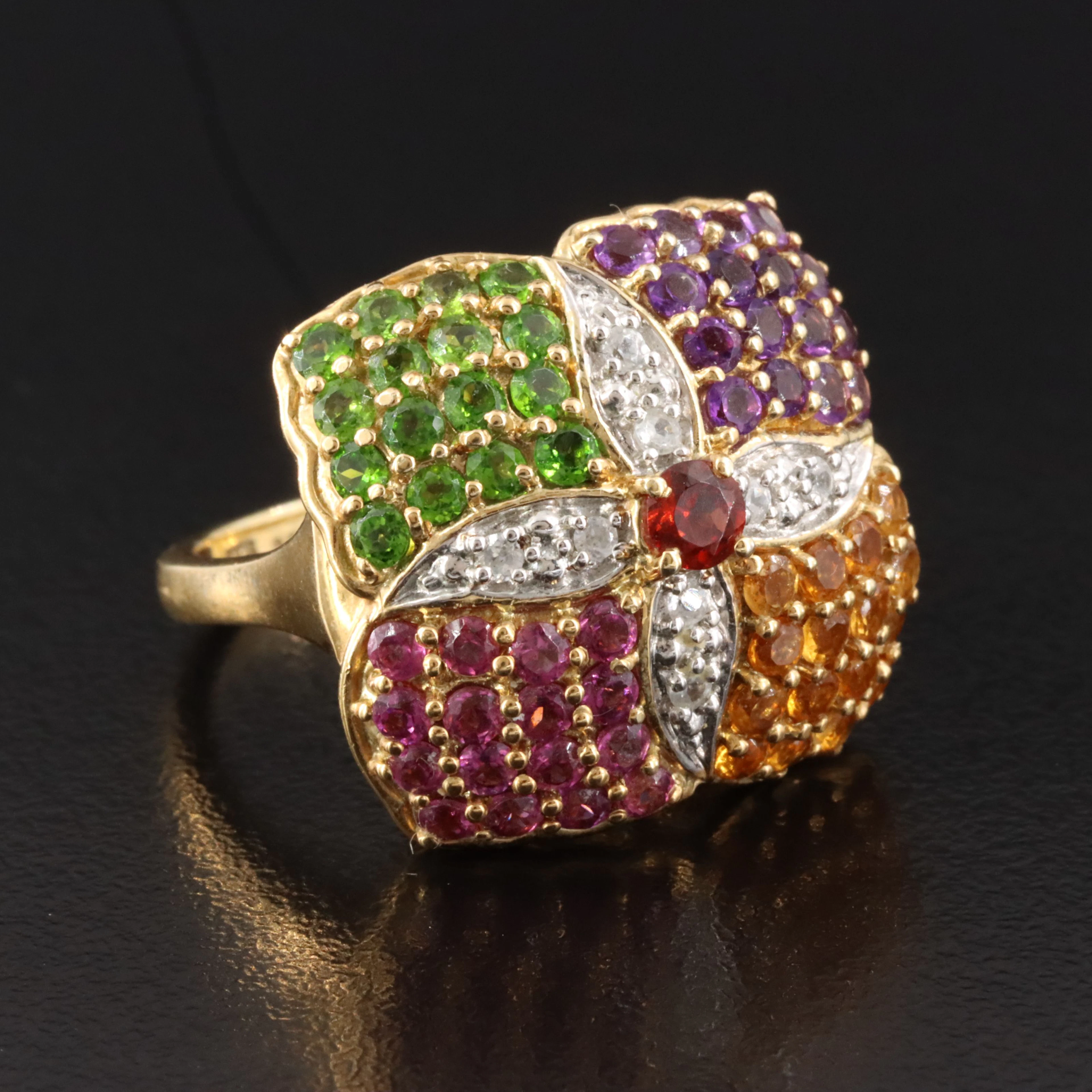 Sterling Gemstone Flower Ring Featuring Amethyst and Garnet
