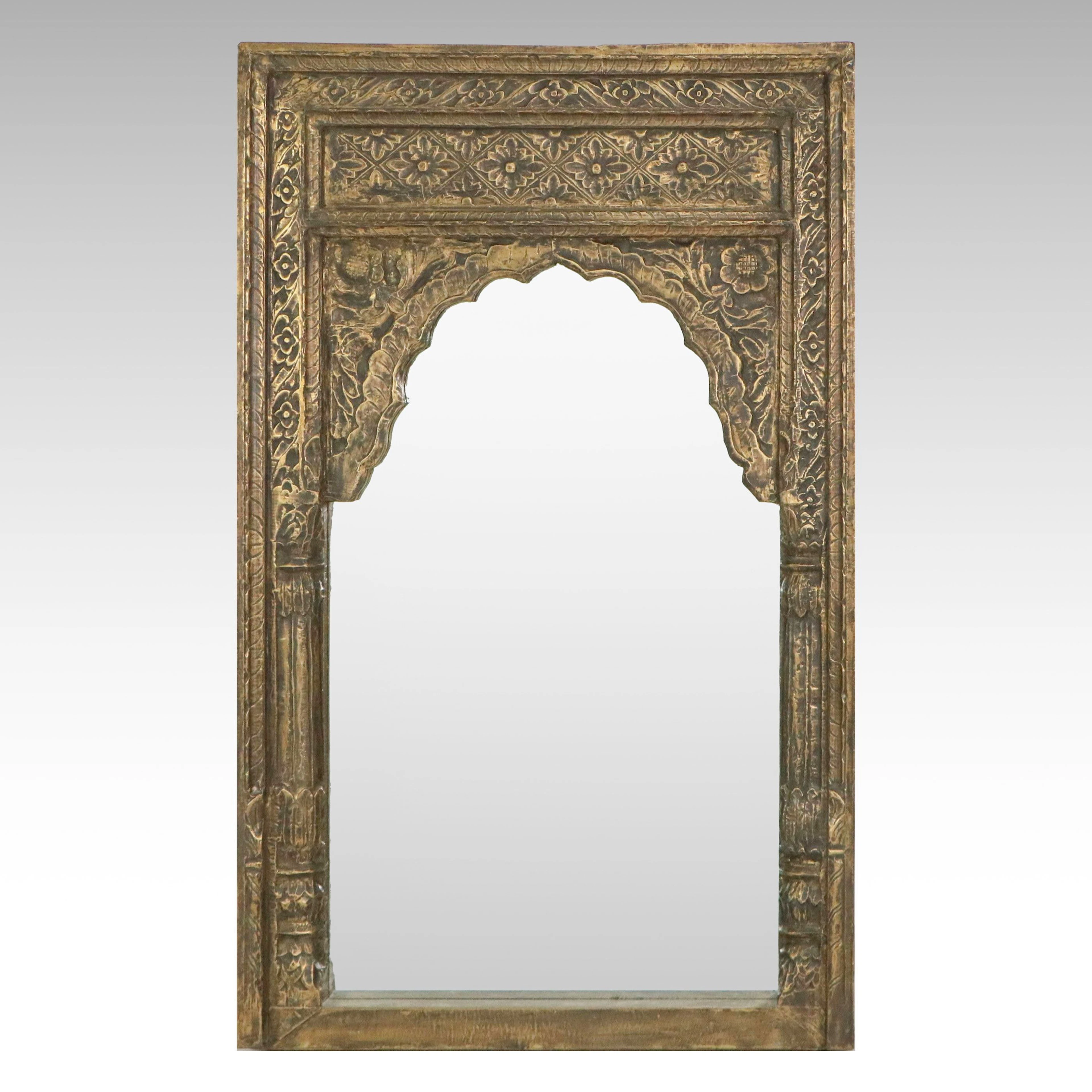 Cathedral Style Embossed Metal and Wood Wall Mirror