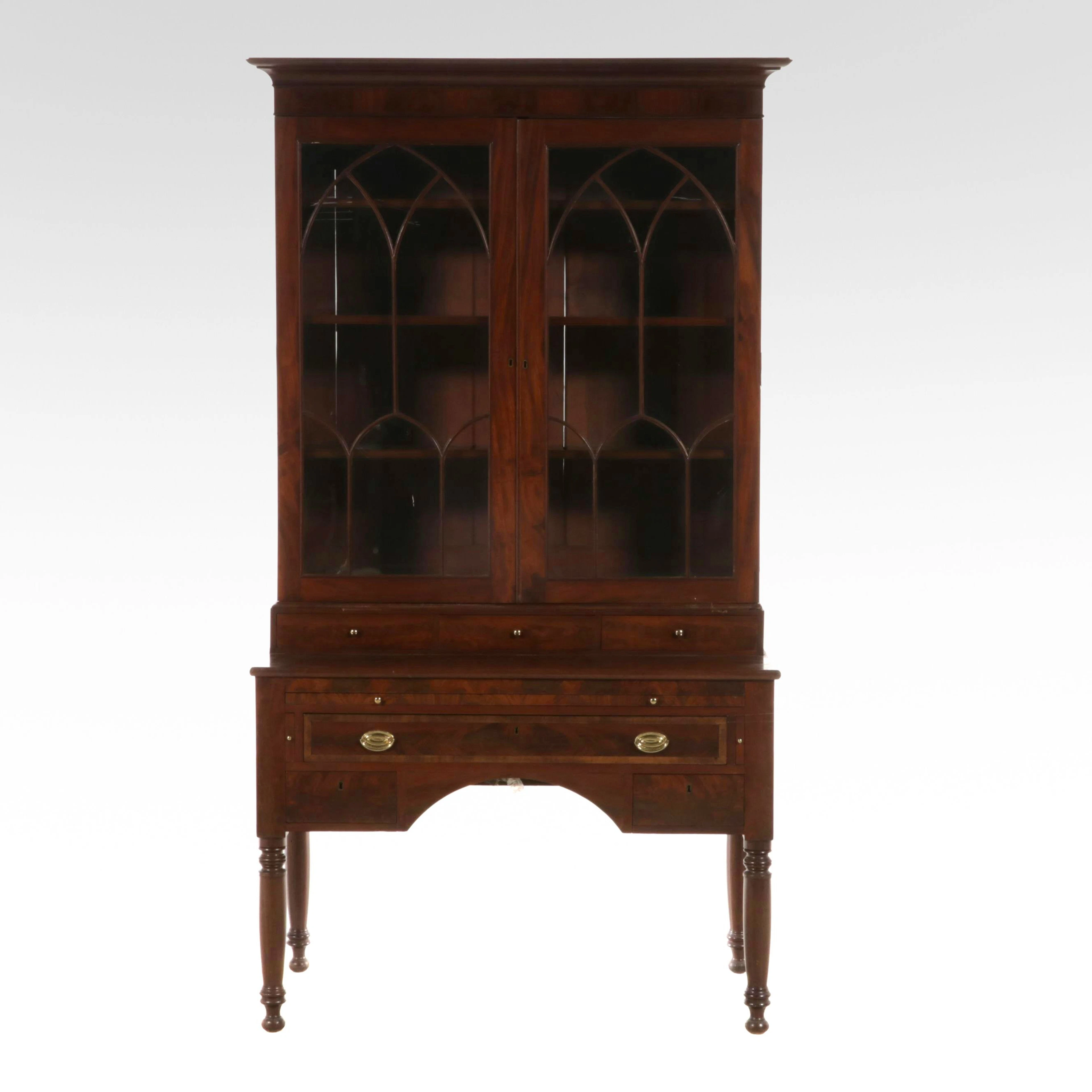 Georgian Style Flame Mahogany Secretary Bookcase, 19th Century