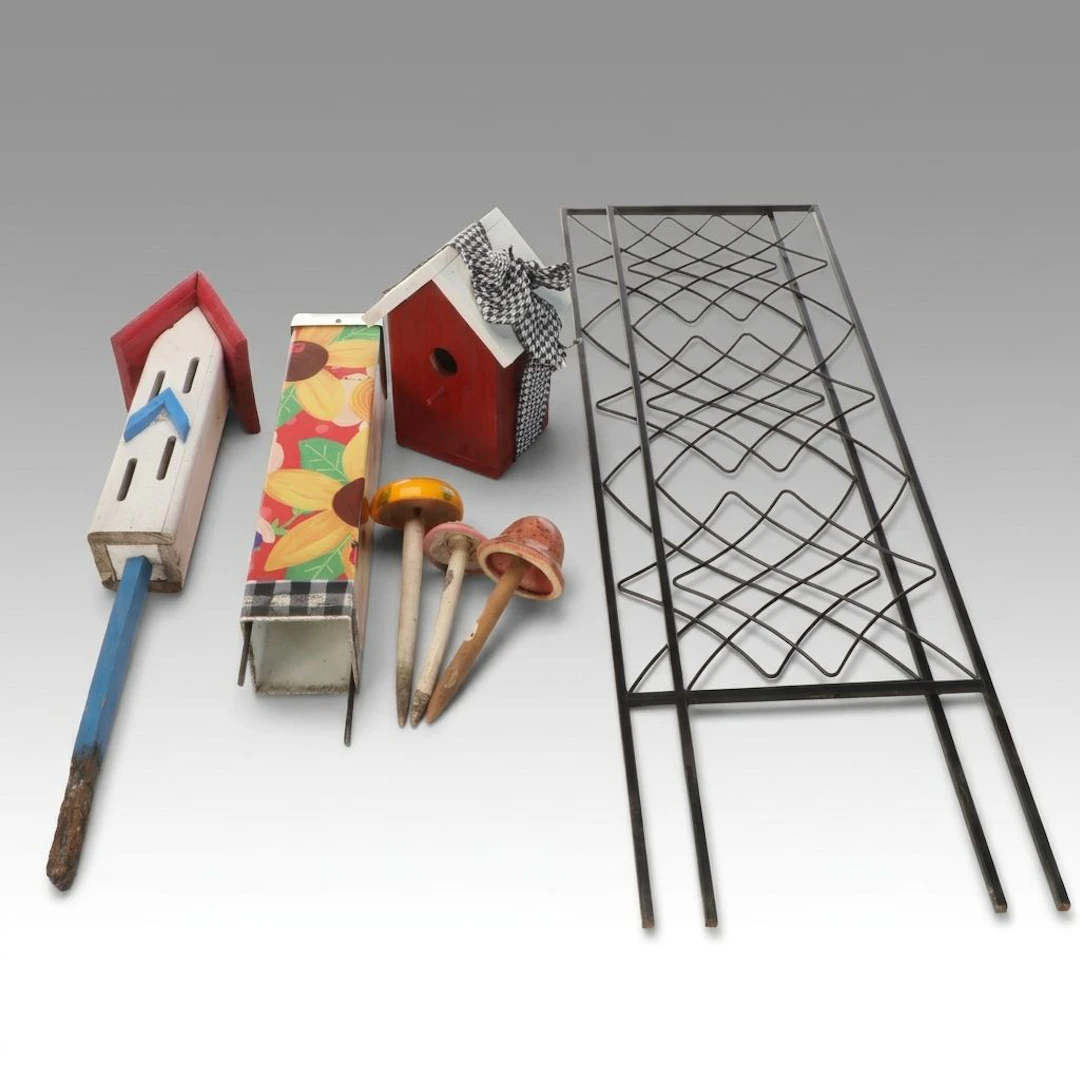 Metal Trellis with Mushroom Stakes, Bird Houses and More Lawn Décor