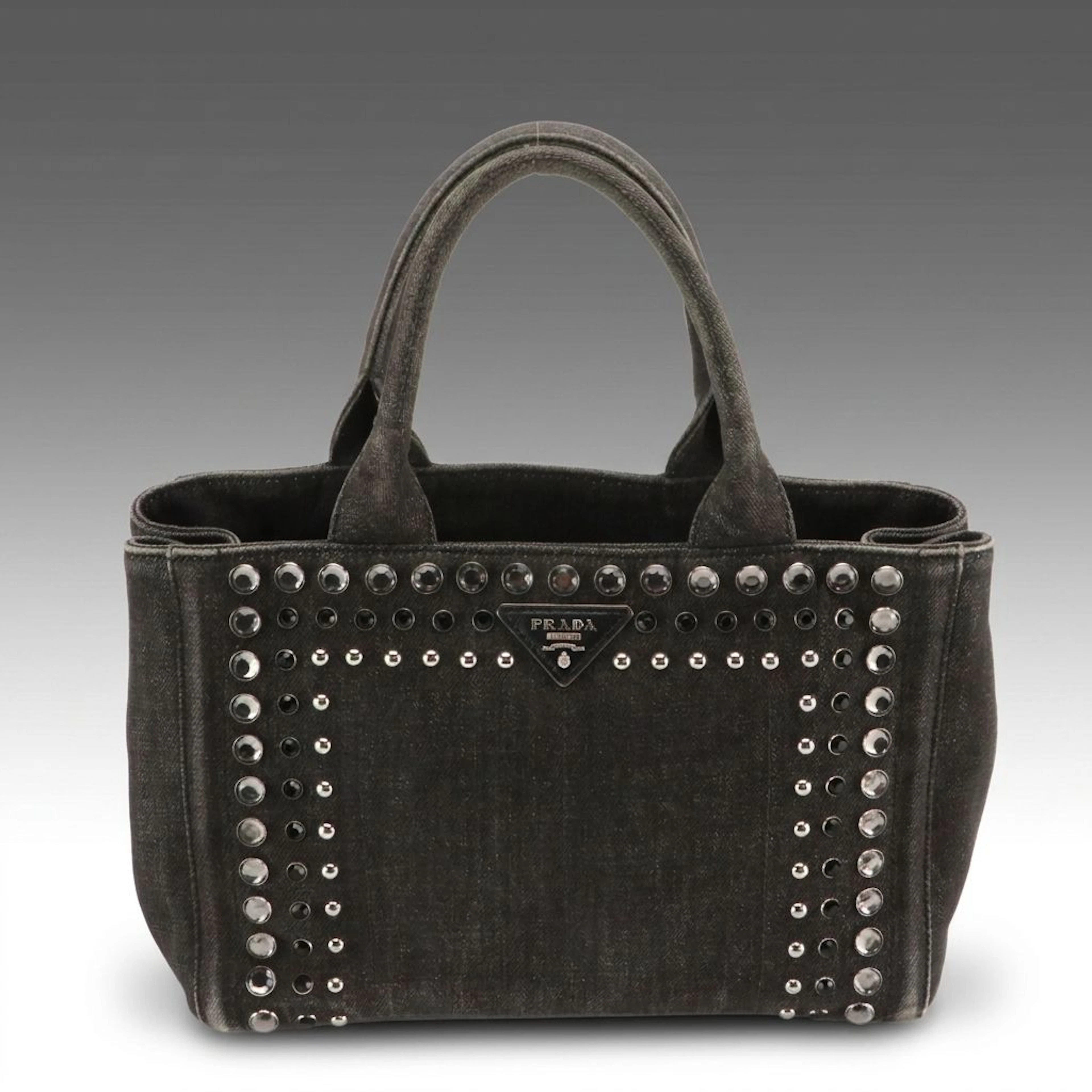 Prada Small Bijoux Black Denim Canvas Top Handle Tote Bag