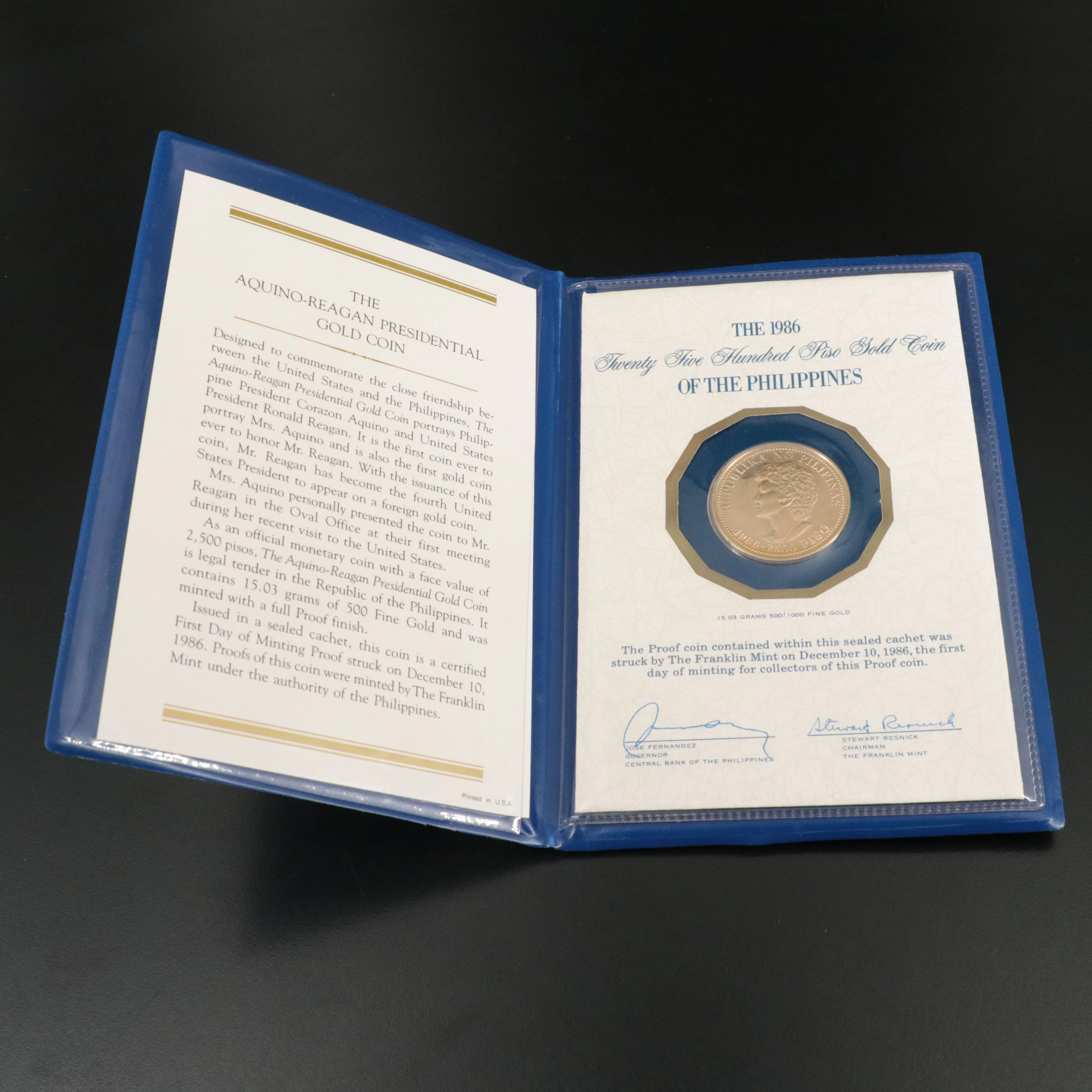 1986 Philippines 2500-Piso Commemorative Gold Coin, Corazon Aquino and Reagan