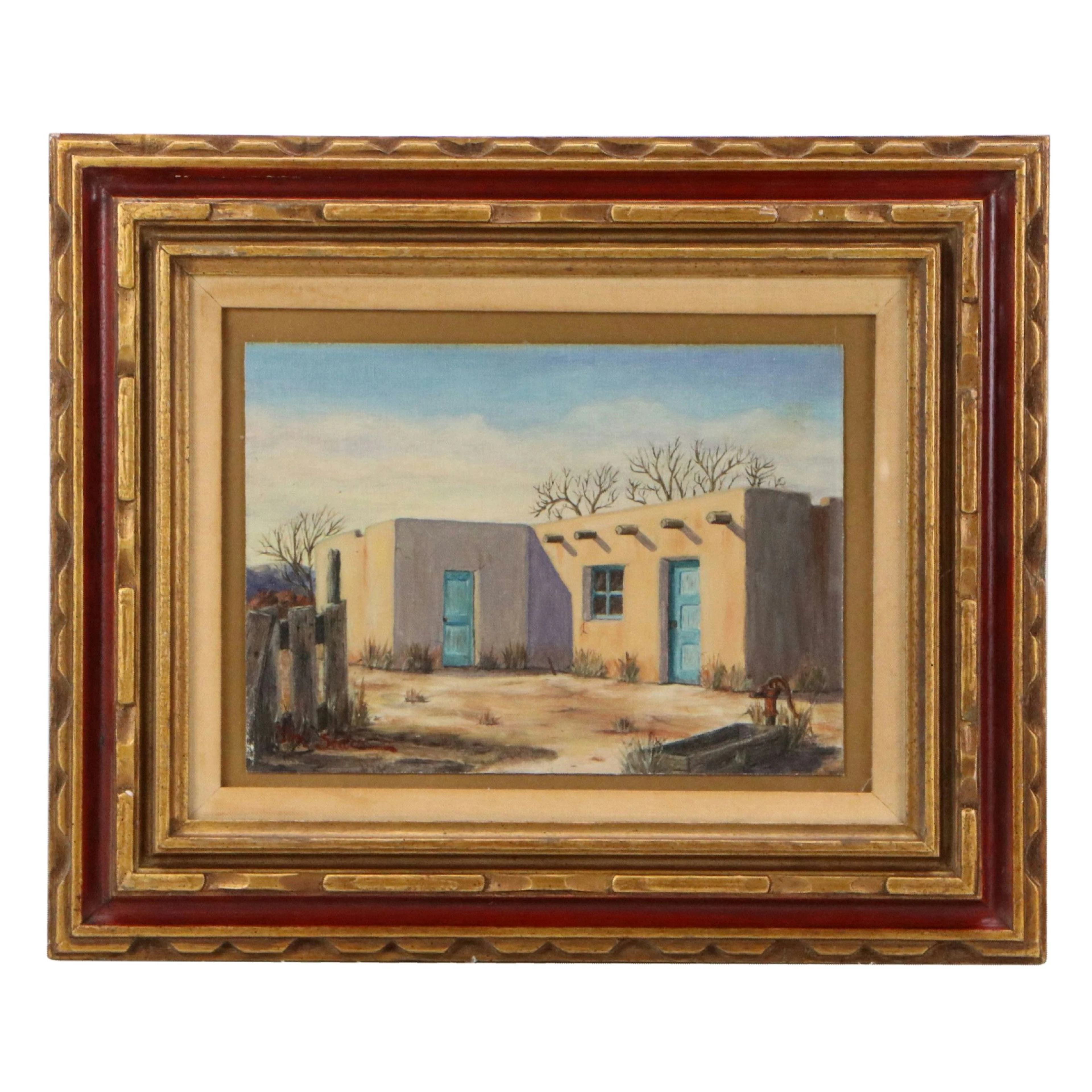 Theodore Van Soelen Oil Painting of Pueblo Home, Early to Mid-20th Century