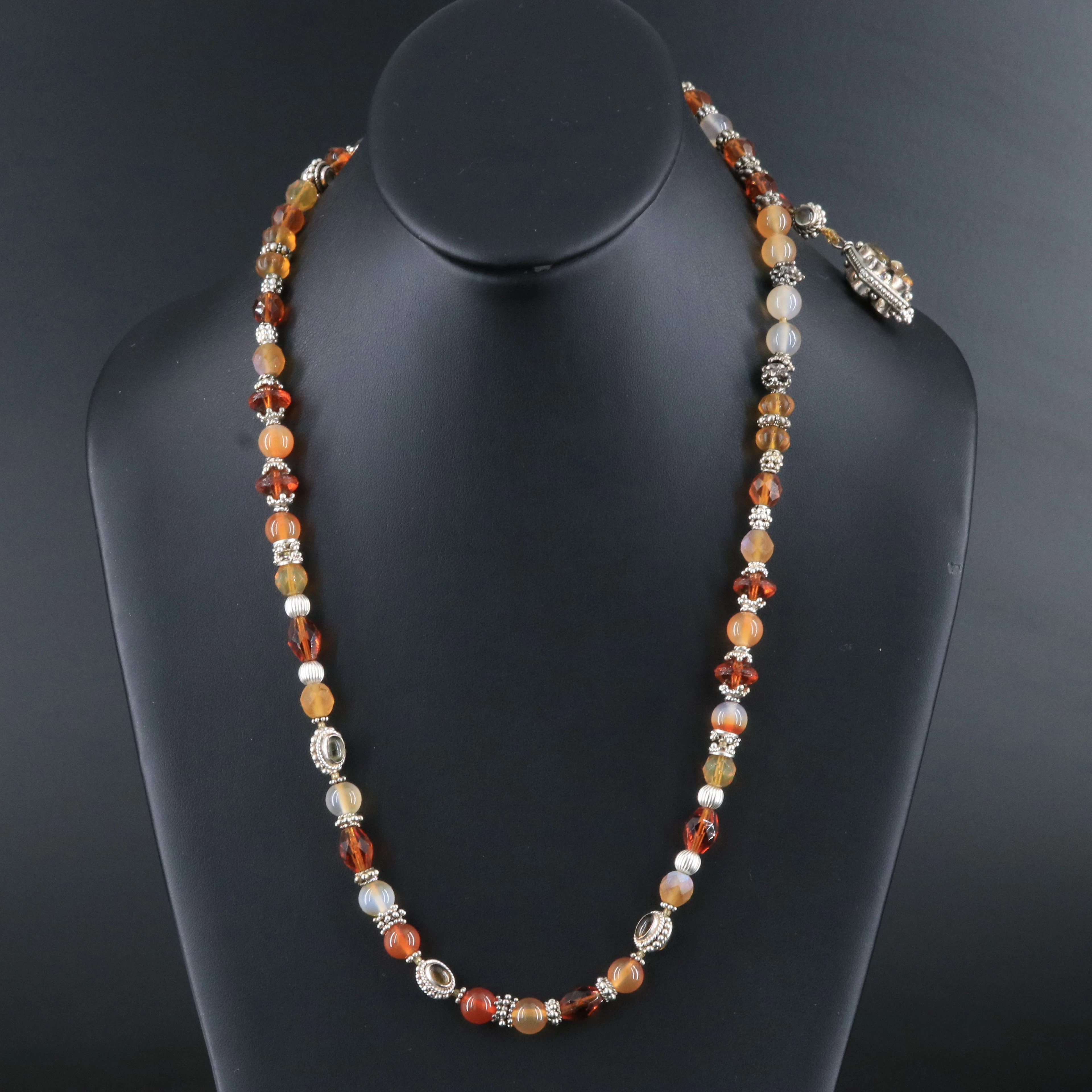 Beaded Lariat Necklace with Sterling Accents Including Agate, Citrine and Glass