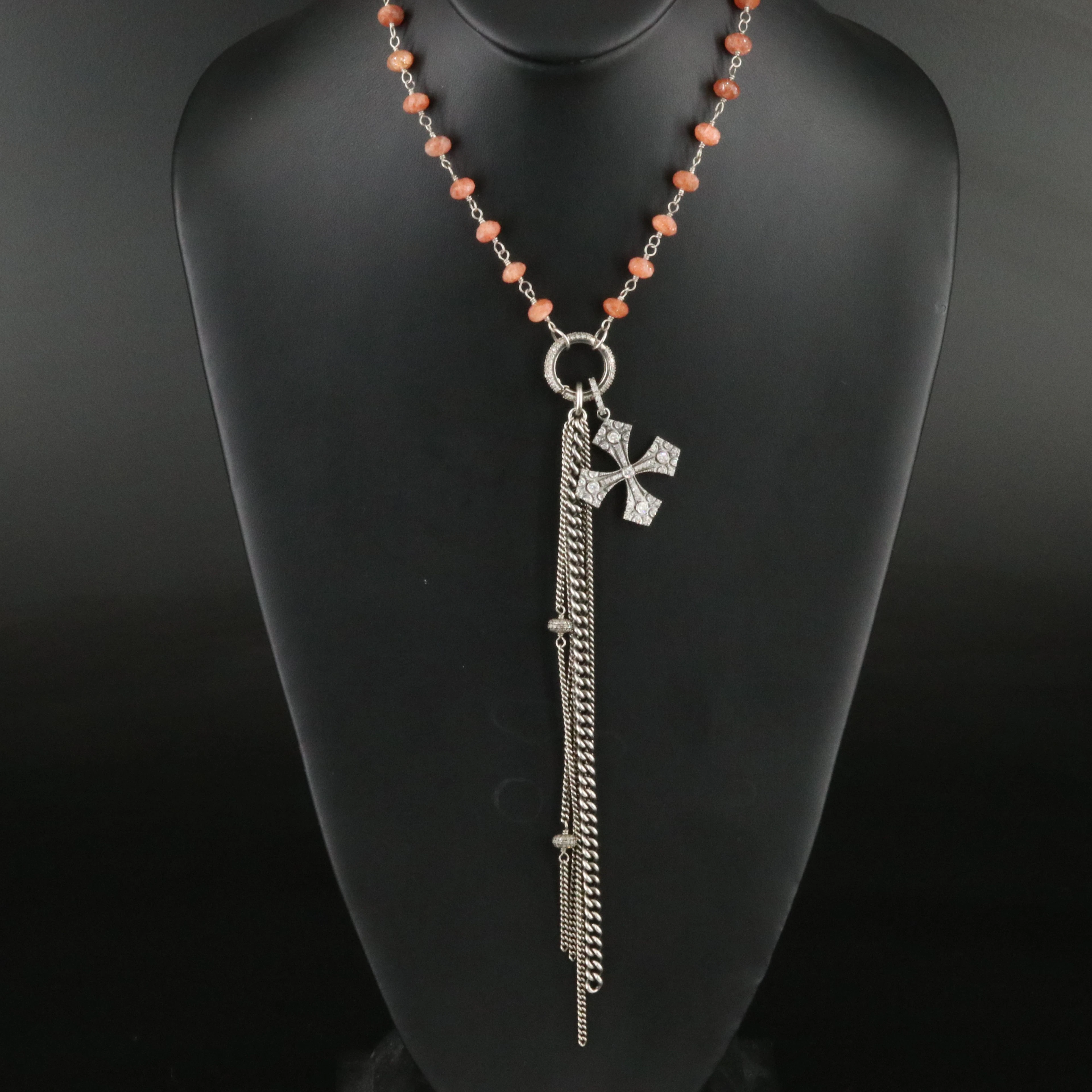 Sheryl Lowe Sterling Sunstone Necklace with Pavé Diamond Accented Cross Pendant