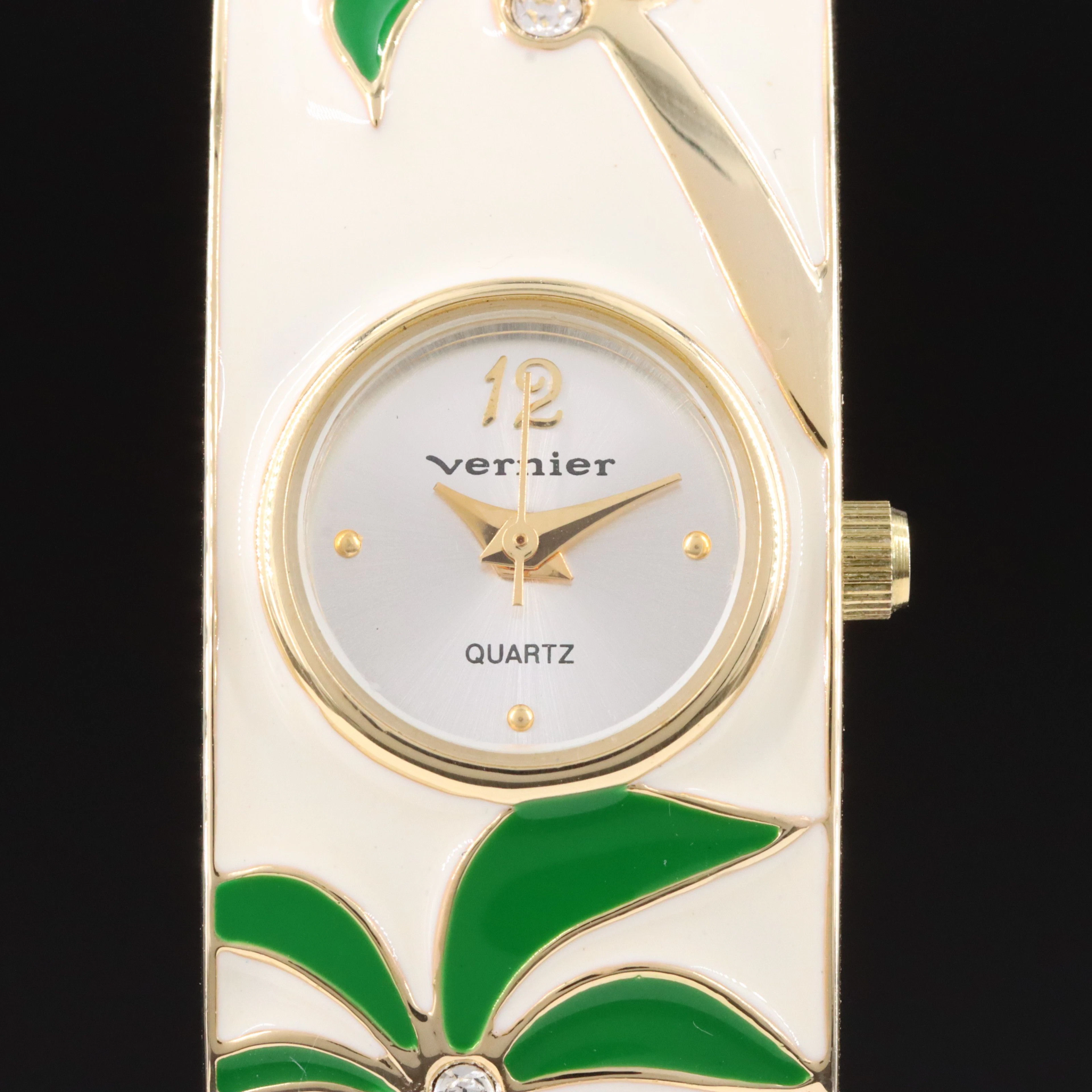 Vernier Enamel and Rhinestone Hinged Cuff Quartz Watch