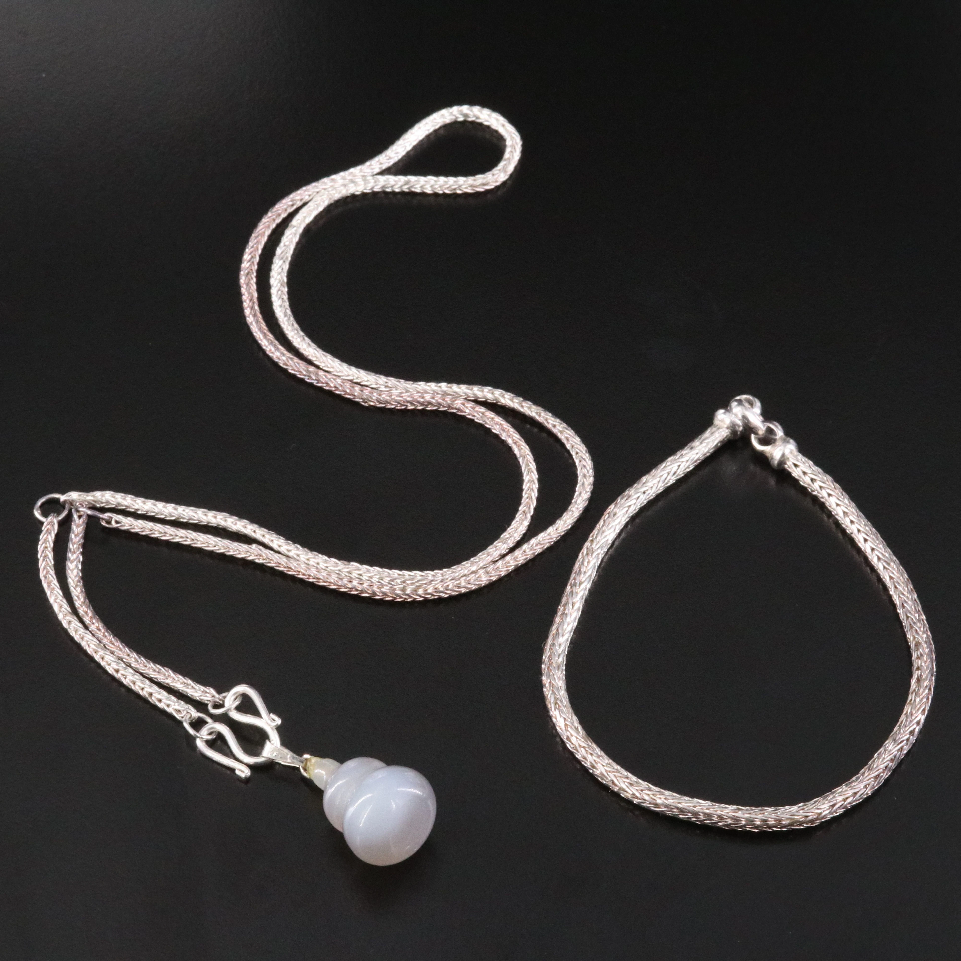 Sterling Wheat Chain Bracelet and Necklace with Agate Gourd Pendant