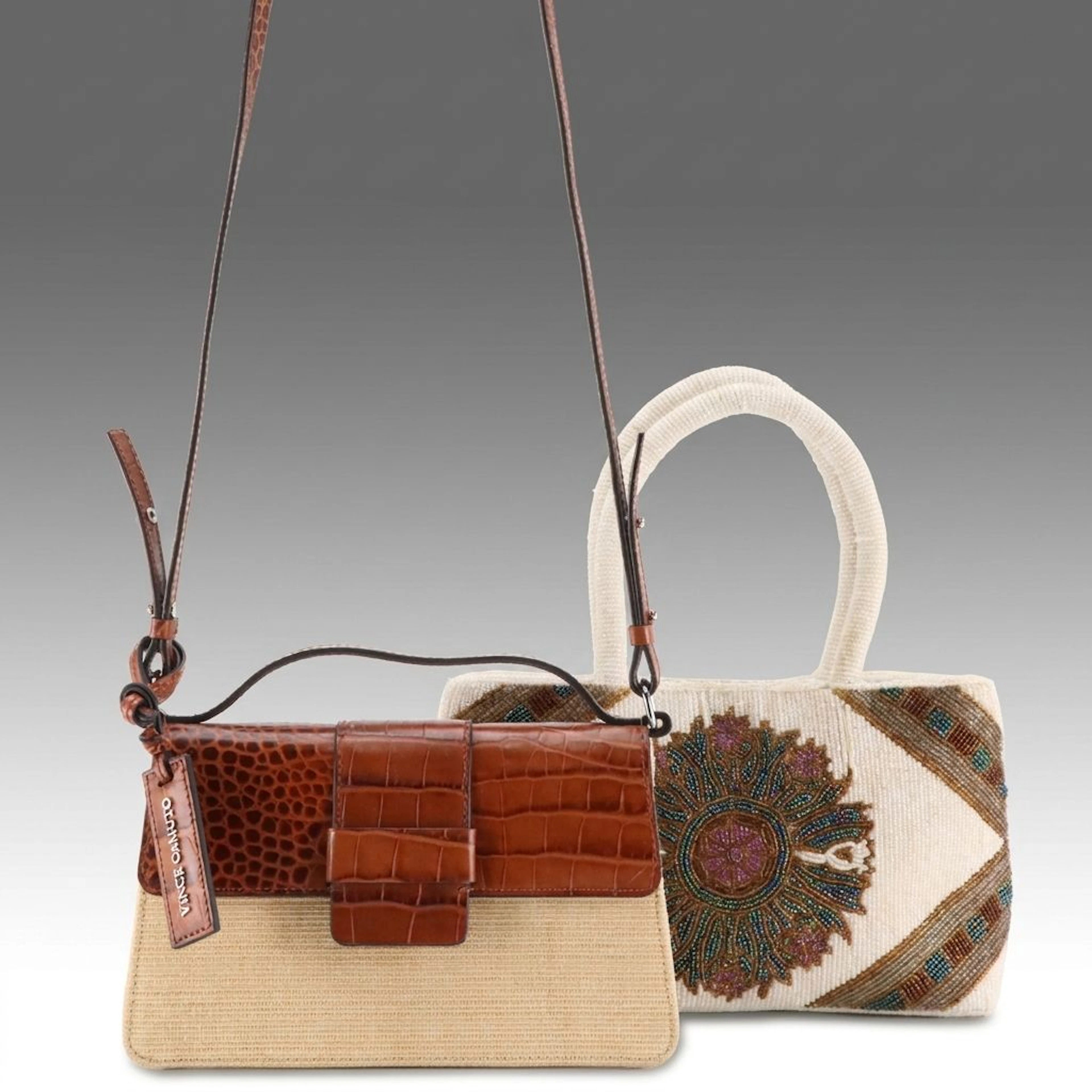 Vince Camuto Embossed Leather and Canvas Two Way Bag, Other Beaded Handbag