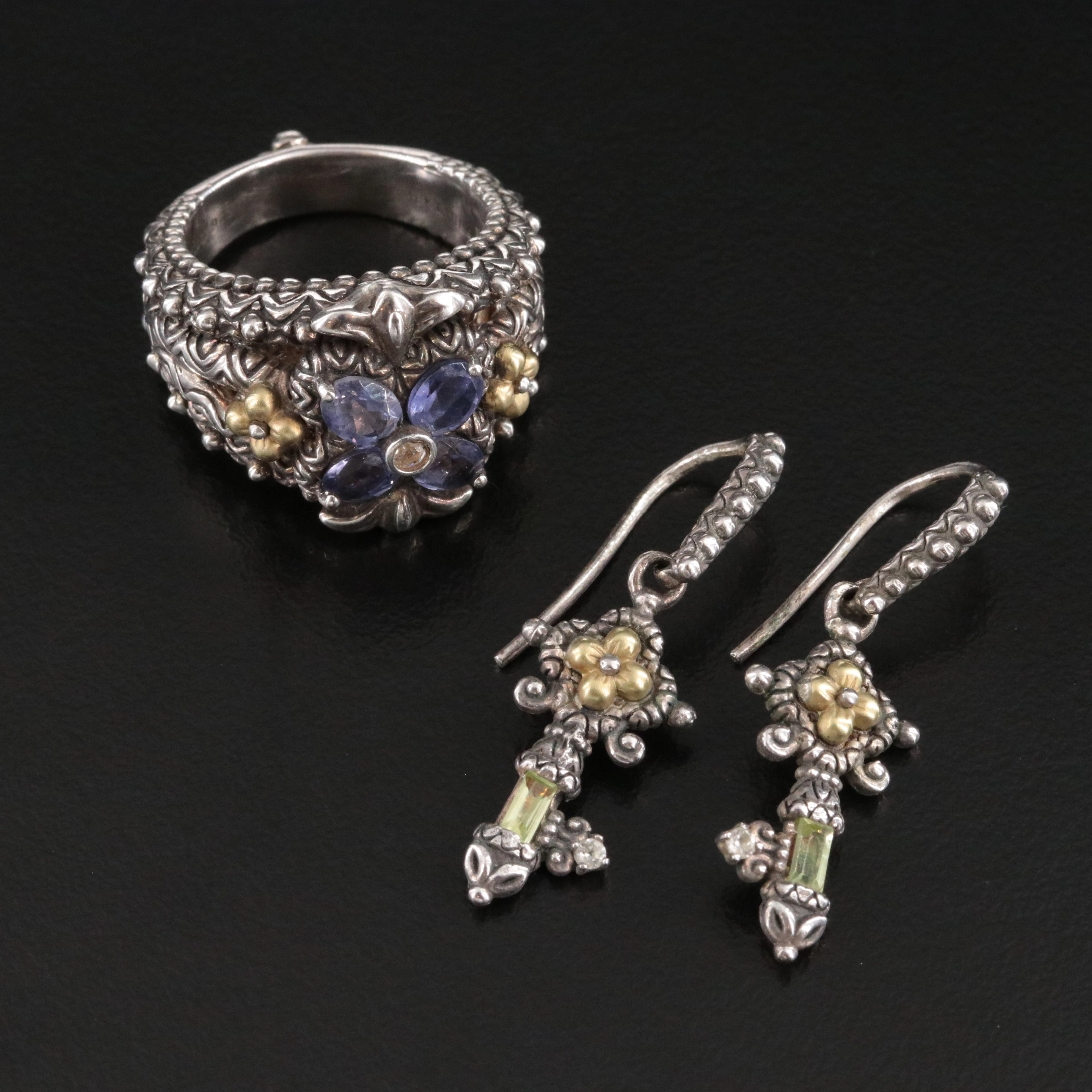 Barbara Bixby Sterling Peridot Earrings and Tanzanite Ring with 18K Accents