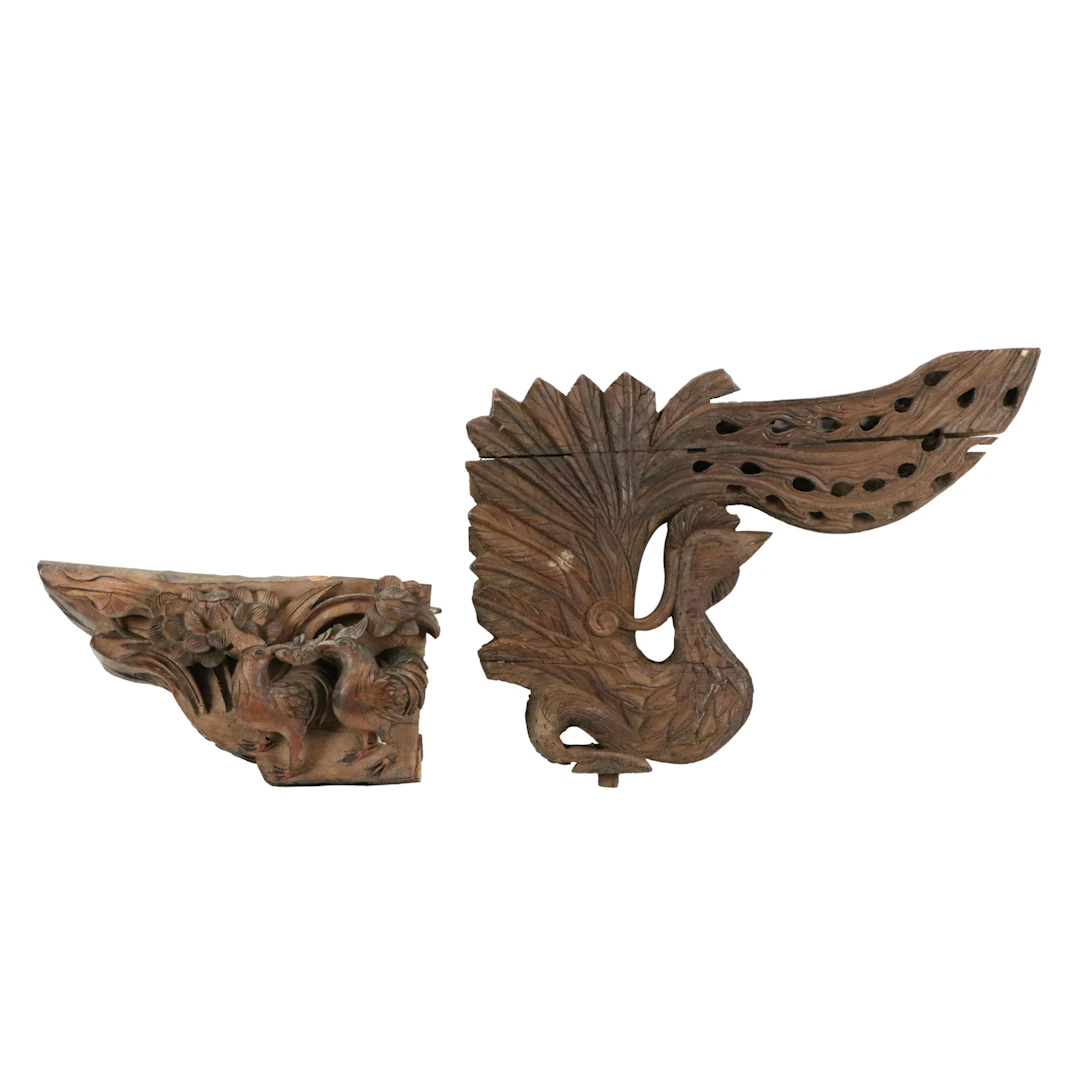 South Asian Architectural Salvage Wood Carved Peacock and Roosters