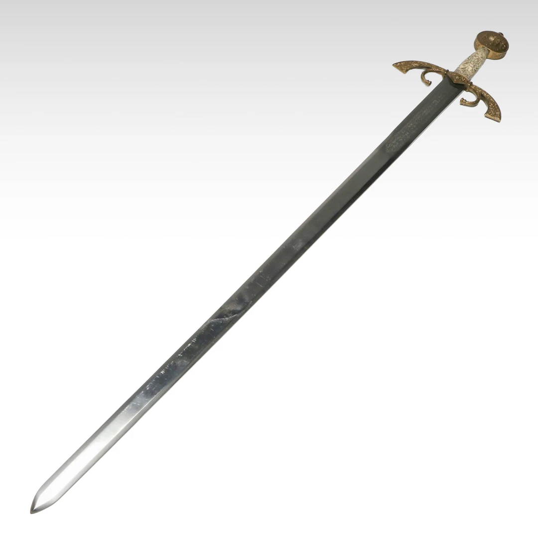 Replica Continental Style Etched Broadsword with Brass Hilt, Late 20th Century