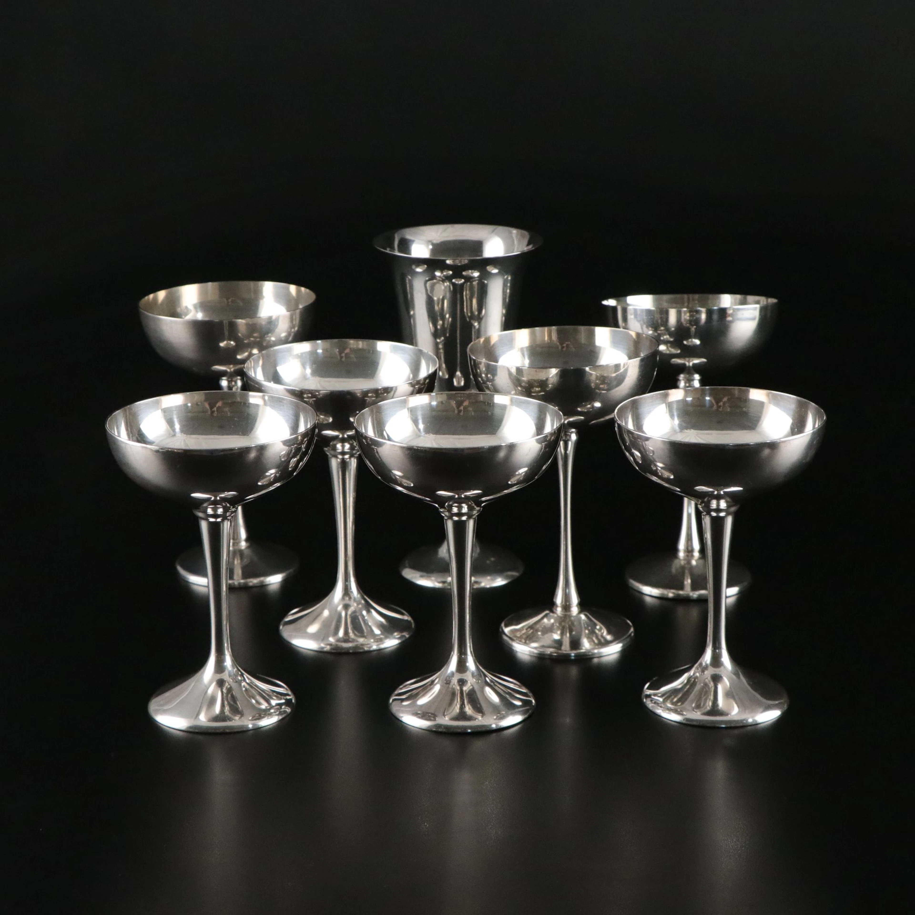 Two Italian Silver Plate Cocktail Coups with Other Champagne Coups